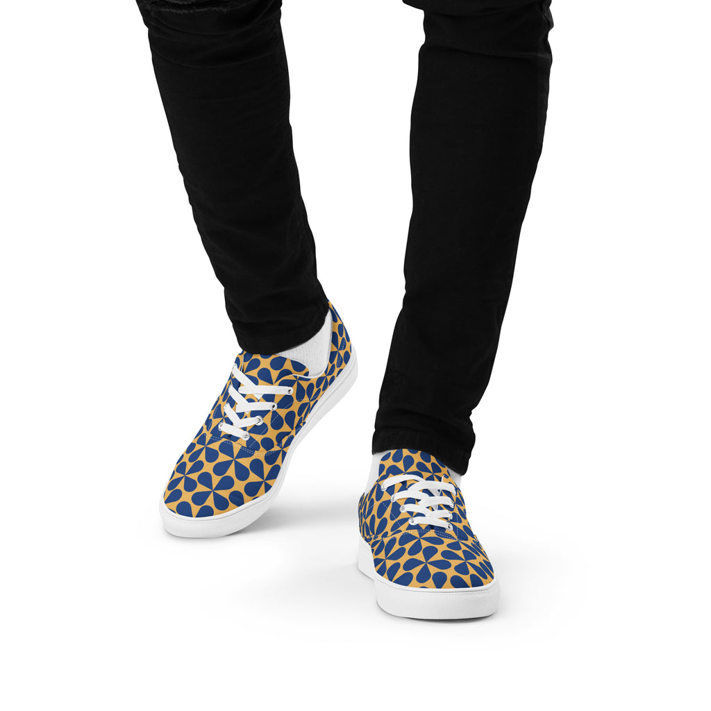 Mustard Blue Geometric - Men’s lace-up canvas shoes Mens Lace Up Canvas Shoes Printed Offshore
