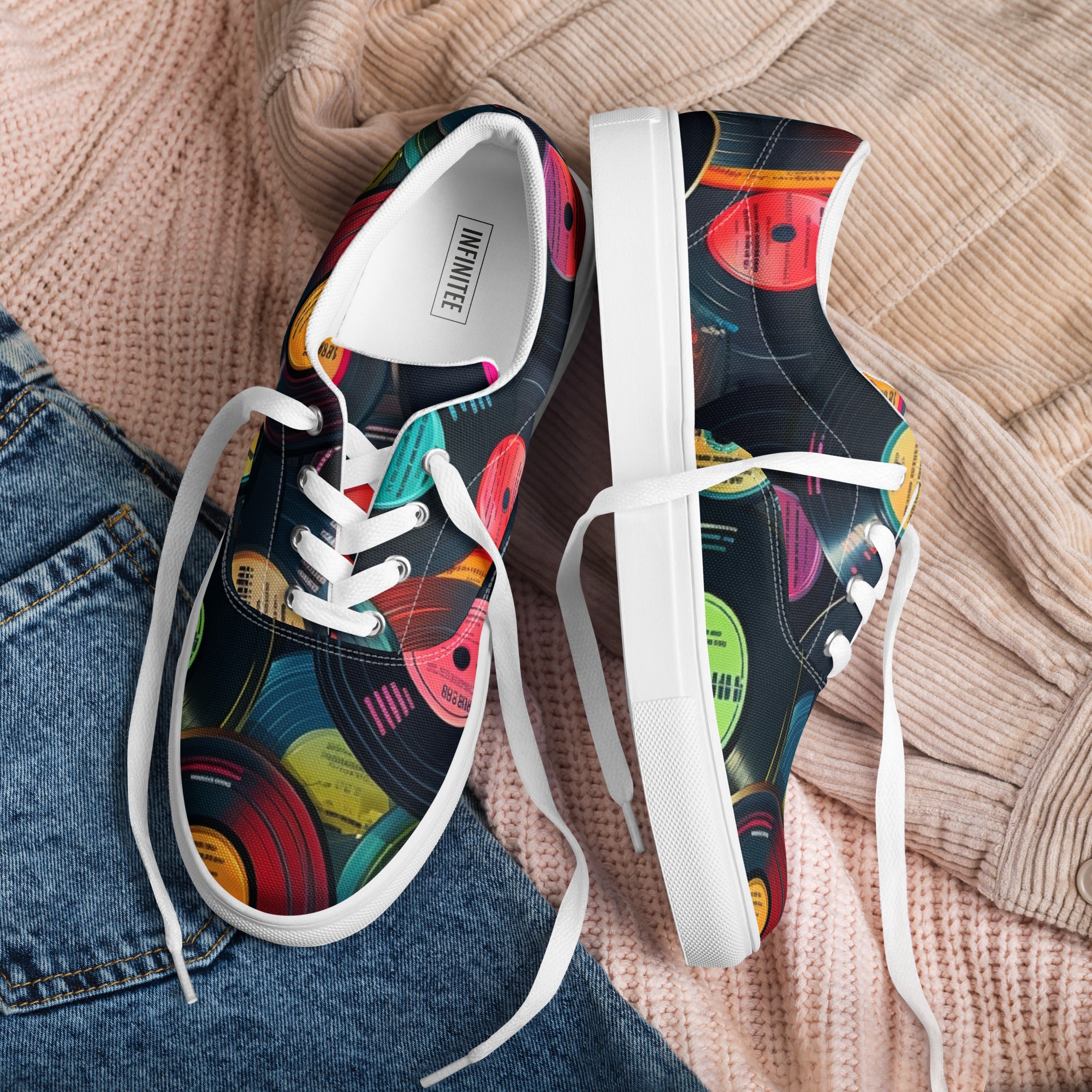 Retro Vinyl Records - Men’s lace-up canvas shoes Mens Lace Up Canvas Shoes Printed Offshore