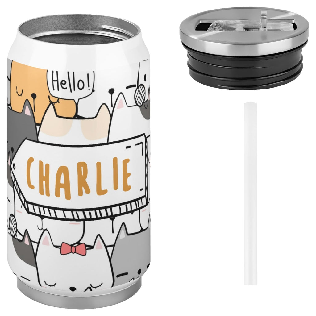 Personalised Cat Hello 300ml Stainless Steel Can Shaped Tumbler With Straw Lid Personalised 300ml Can Shaped Tumbler animal Printed Offshore