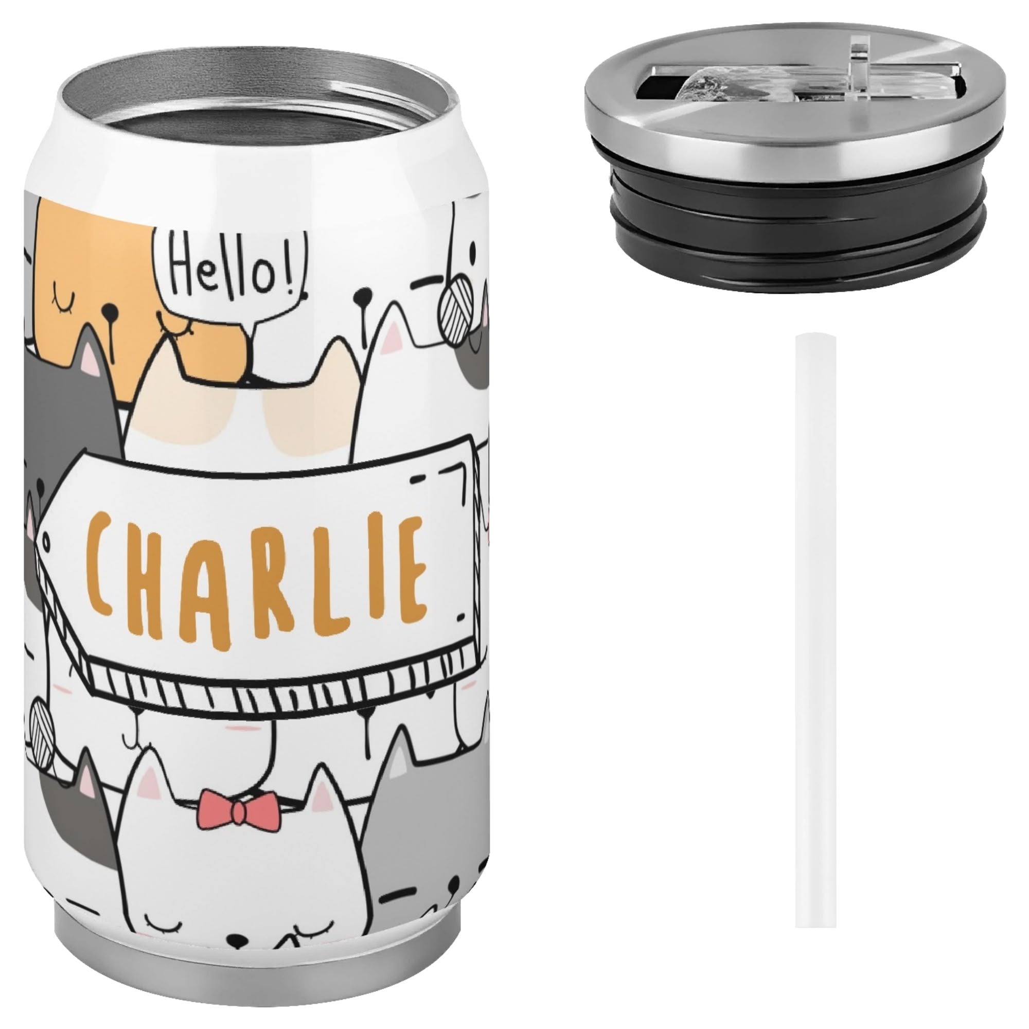 Personalised - Cat Hello - 300ml Stainless Steel Can Shaped Tumbler With Straw Lid Personalised 300ml Can Shaped Tumbler animal Printed Offshore
