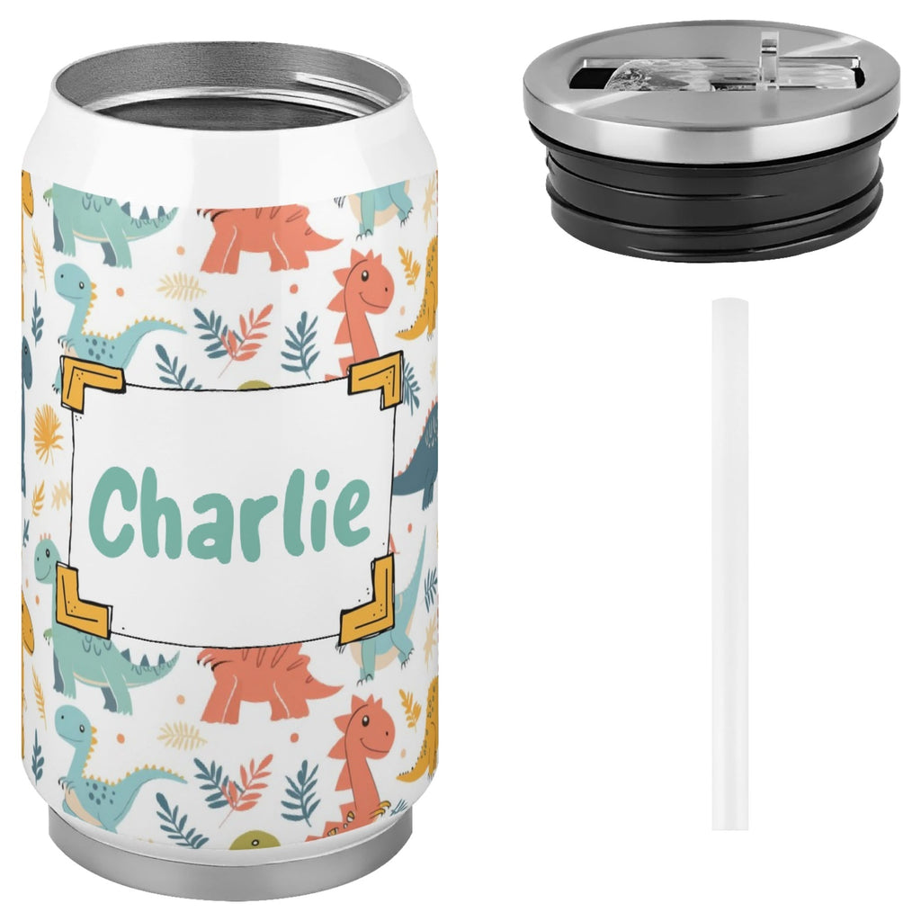 Personalised Cute Colourful Dinosaurs 300ml Stainless Steel Can Shaped Tumbler With Straw Lid Personalised 300ml Can Shaped Tumbler animal Printed Offshore