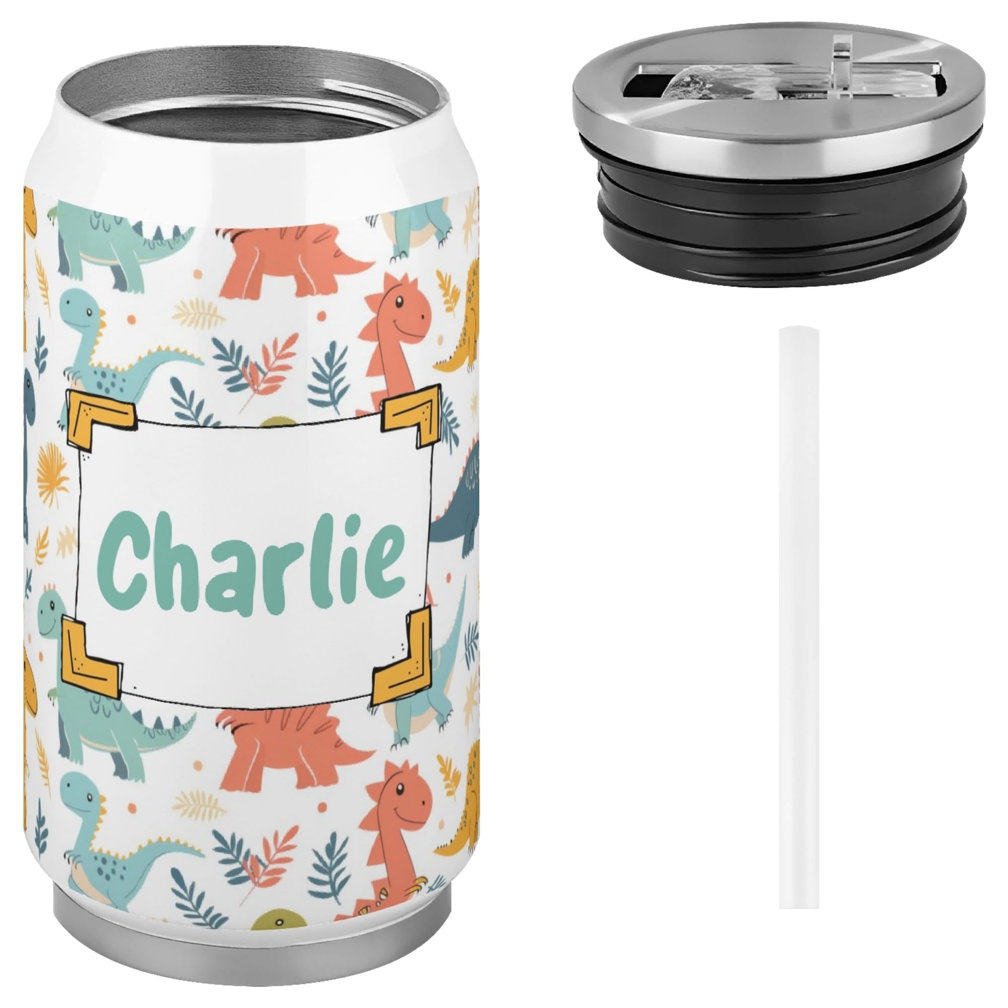 Personalised - Cute Colourful Dinosaurs - 300ml Stainless Steel Can Shaped Tumbler With Straw Lid Personalised 300ml Can Shaped Tumbler animal Printed Offshore