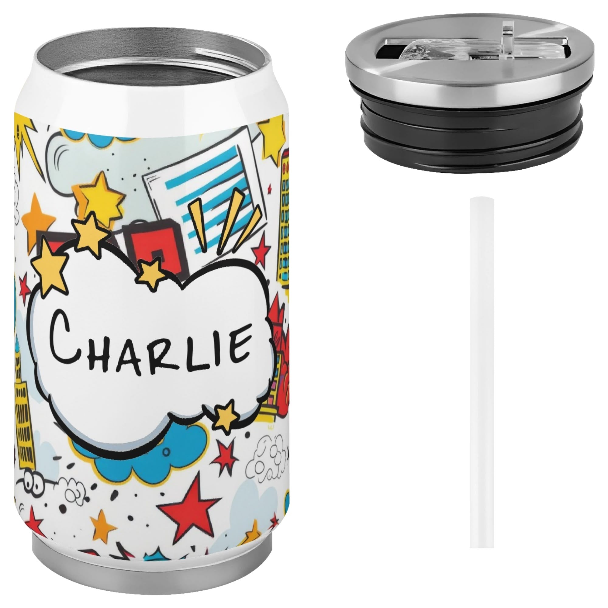 Personalised - Comic Book Zap - 300ml Stainless Steel Can Shaped Tumbler With Straw Lid Personalised 300ml Can Shaped Tumbler comic Printed Offshore