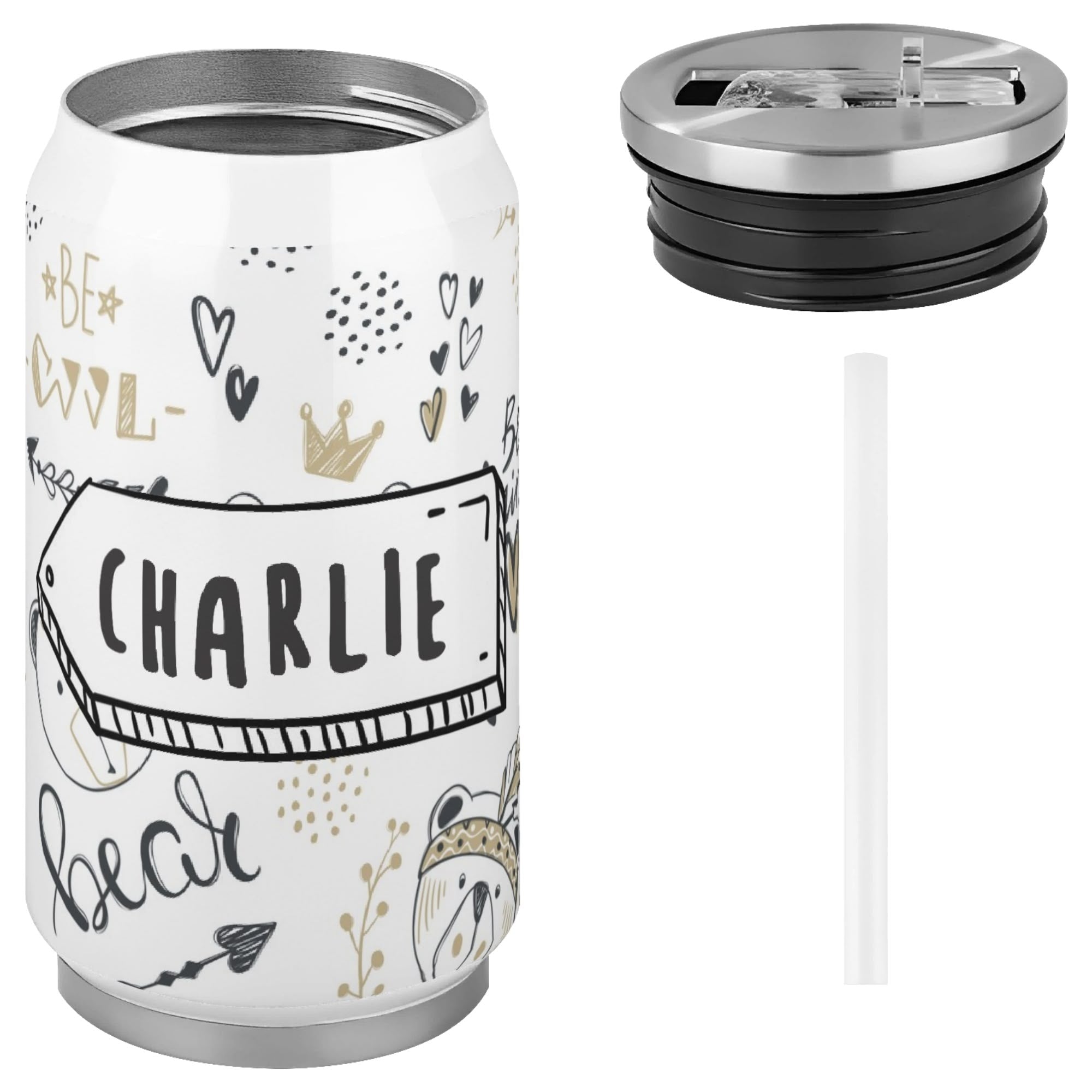 Personalised - Bears - 300ml Stainless Steel Can Shaped Tumbler With Straw Lid Personalised 300ml Can Shaped Tumbler animal Printed Offshore