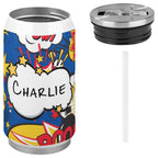 Personalised Comic Book Blue 300ml Stainless Steel Can Shaped Tumbler With Straw Lid Personalised 300ml Can Shaped Tumbler comic Printed Offshore