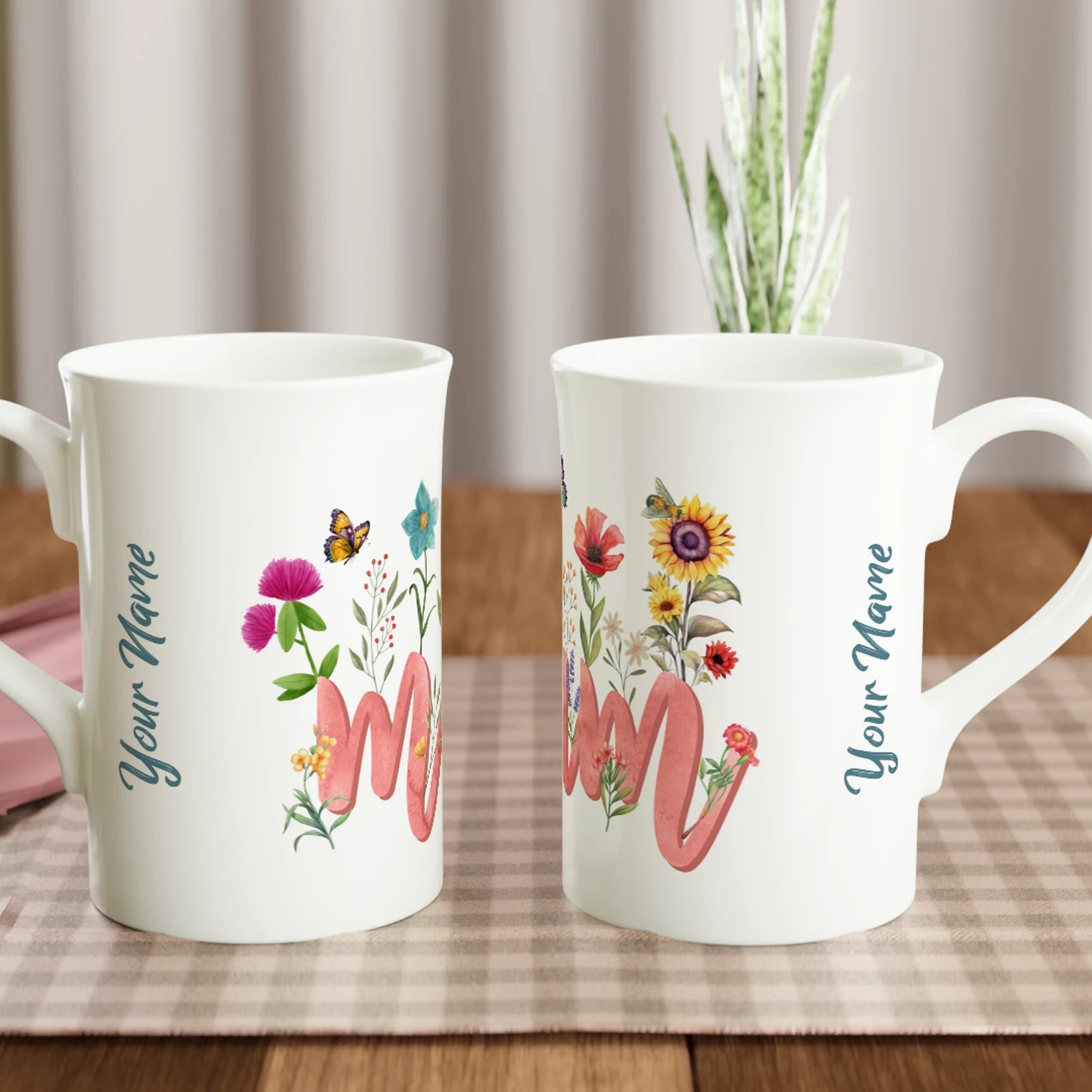 Personalised - Mum With Flowers And Butterflies - White 10oz Porcelain Slim Mug Personalised Porcelain Mug Globally Fulfilled Mum