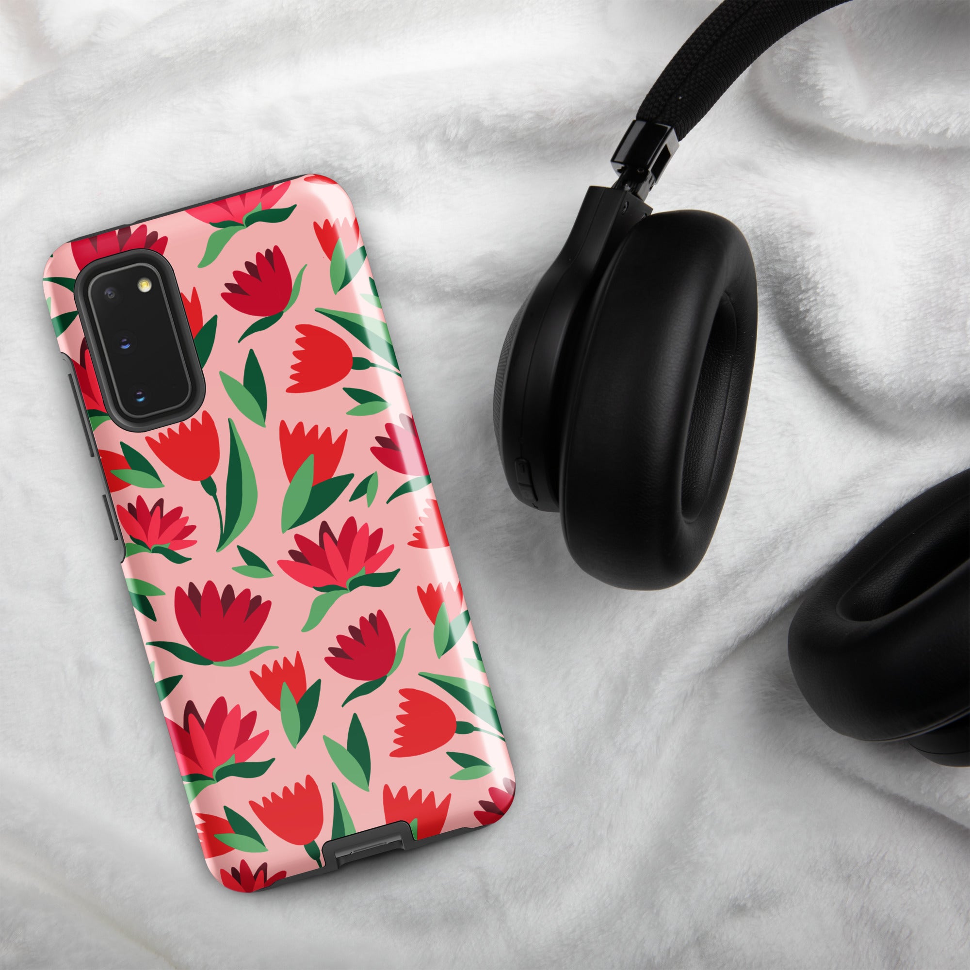 Red Flowers On Pink - Tough case for Samsung® Glossy Samsung Galaxy S20 Samsung Tough Phone Case Globally Fulfilled Plants