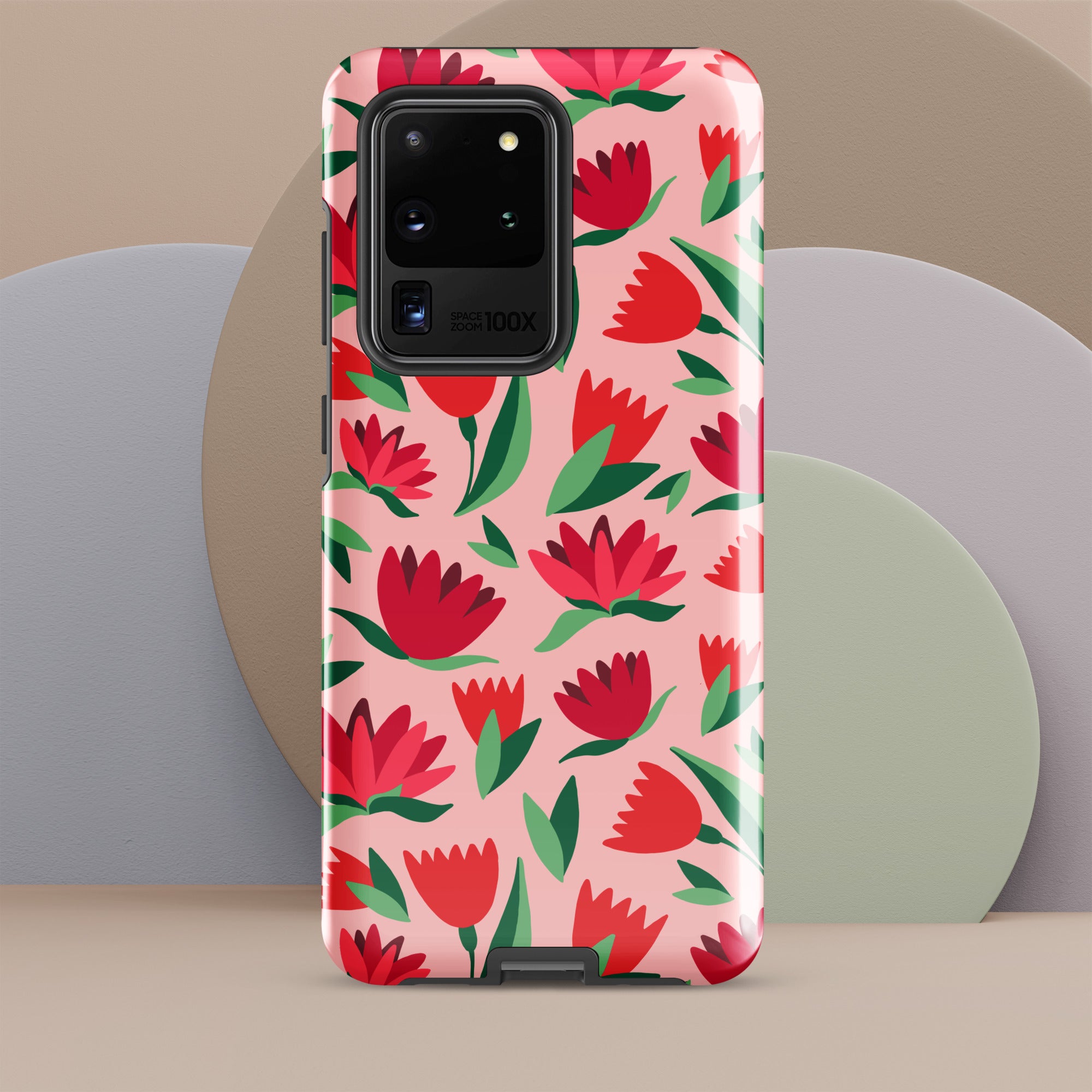 Red Flowers On Pink - Tough case for Samsung® Glossy Samsung Galaxy S20 Ultra Samsung Tough Phone Case Globally Fulfilled Plants