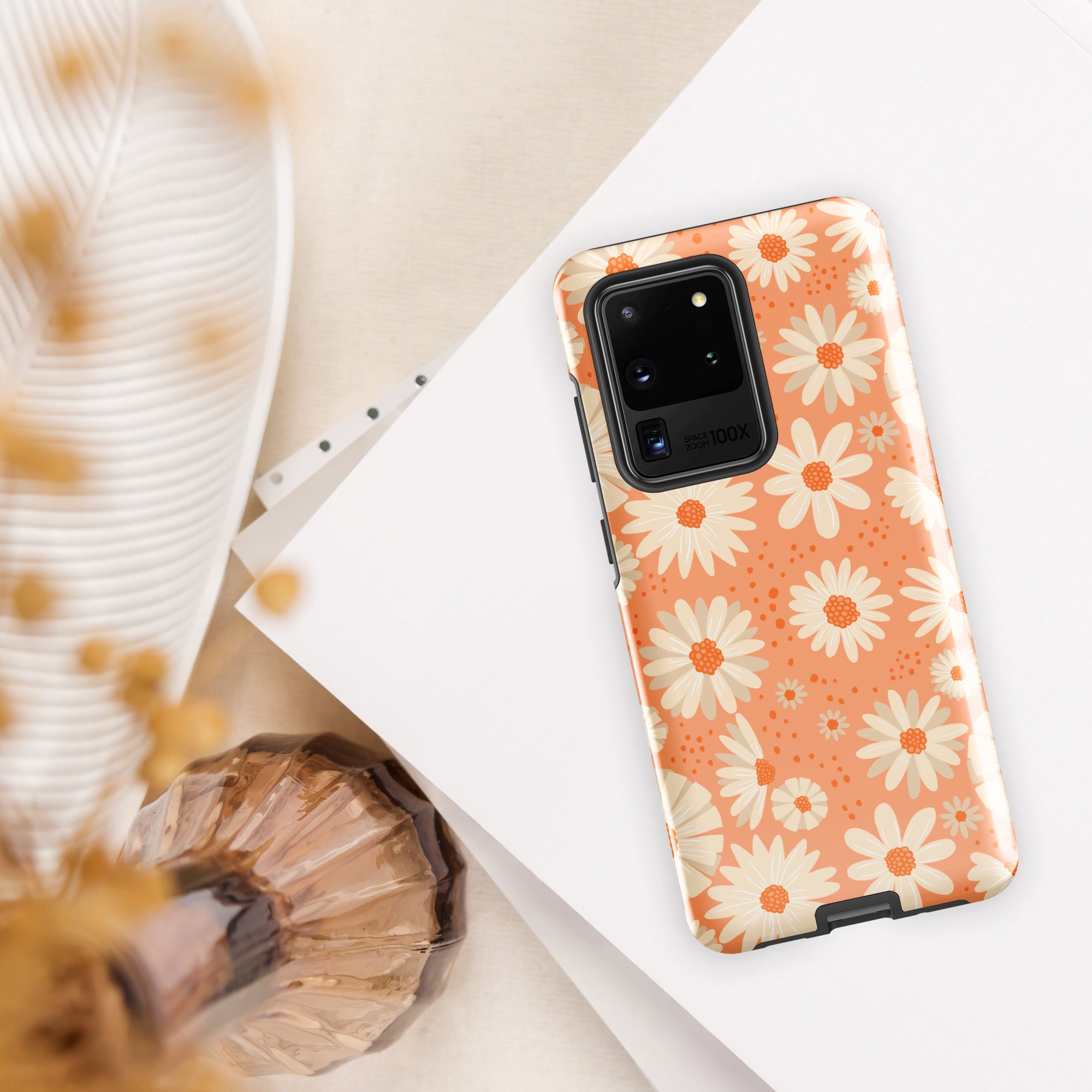 Daisies On Orange - Tough case for Samsung® Glossy Samsung Galaxy S20 Ultra Samsung Tough Phone Case Globally Fulfilled Plants