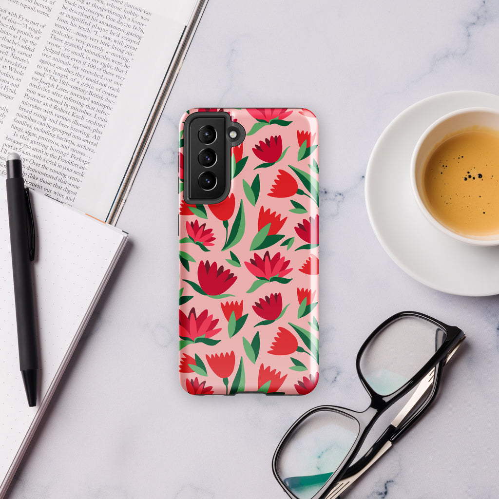 Red Flowers On Pink Tough case for Samsung® Glossy Samsung Galaxy S21 Samsung Tough Phone Case Globally Fulfilled Plants