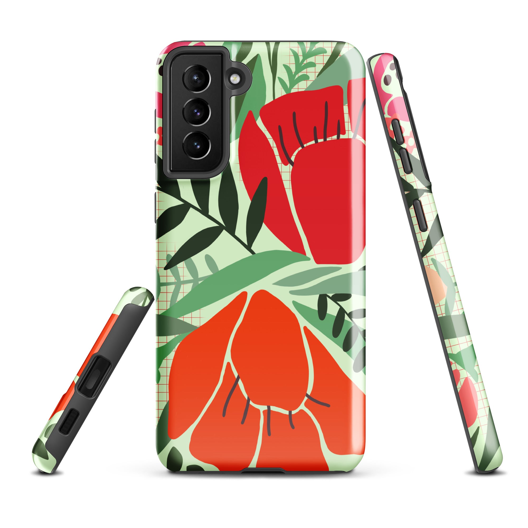 Red Flowers - Tough case for Samsung® Glossy Samsung Galaxy S21 Plus Samsung Tough Phone Case Globally Fulfilled Plants
