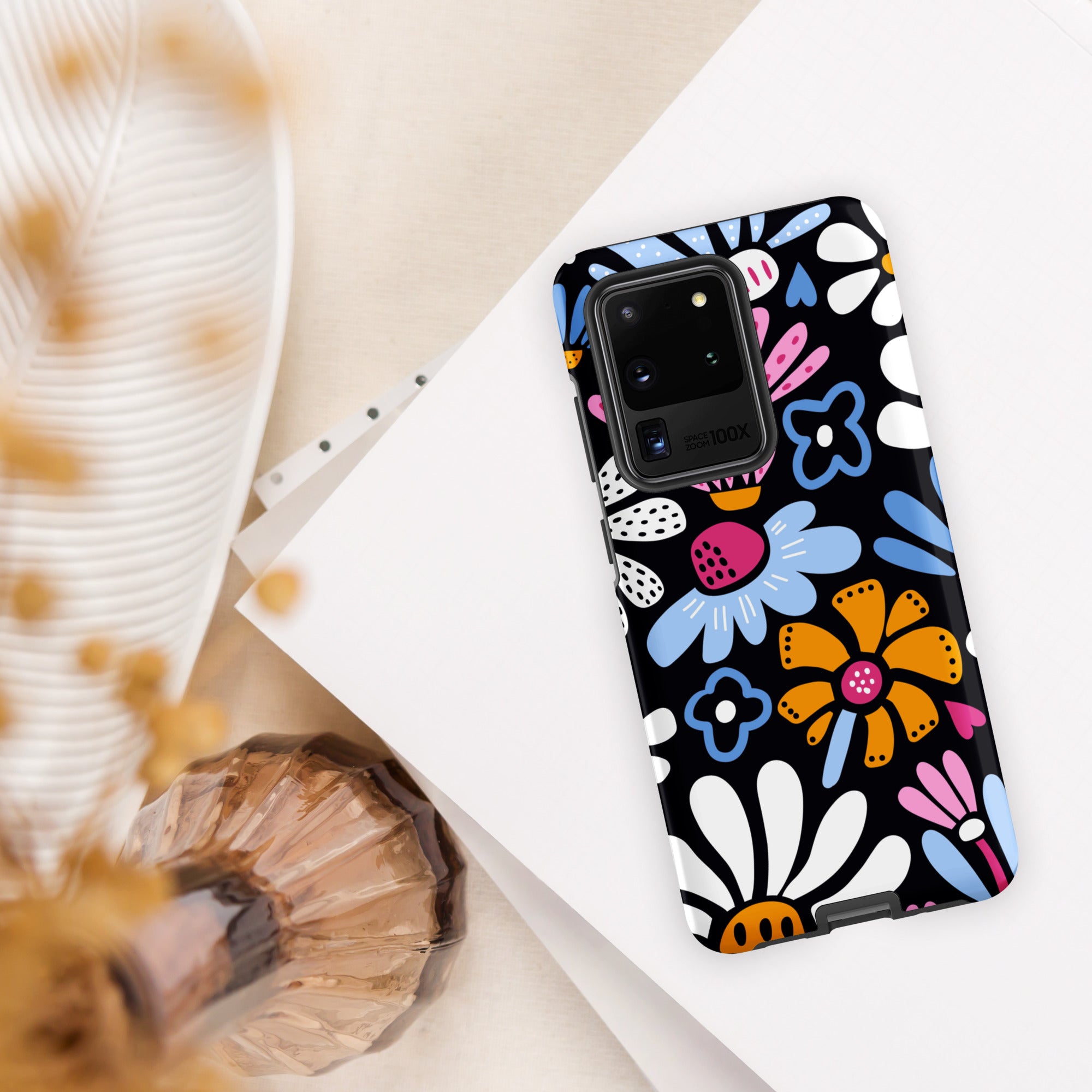 Graphic Flowers On Black Tough case for Samsung® Matte Samsung Galaxy S20 Ultra Samsung Tough Phone Case Globally Fulfilled Plants