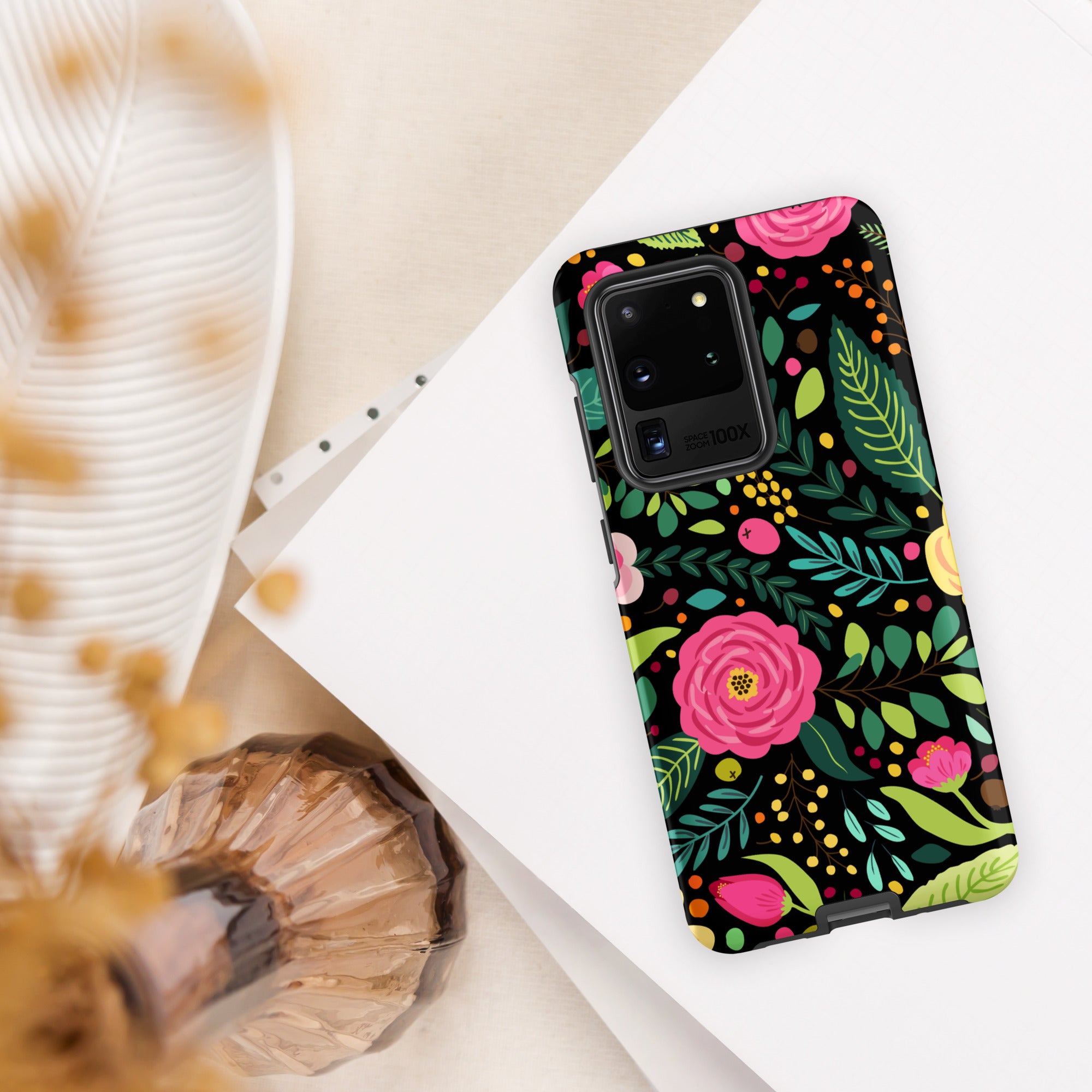 Bright Floral On Black Tough case for Samsung® Matte Samsung Galaxy S20 Ultra Samsung Tough Phone Case Globally Fulfilled Plants