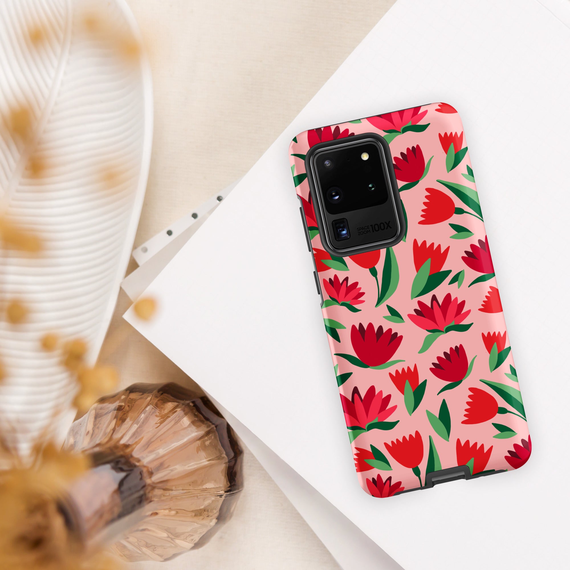 Red Flowers On Pink - Tough case for Samsung® Matte Samsung Galaxy S20 Ultra Samsung Tough Phone Case Globally Fulfilled Plants