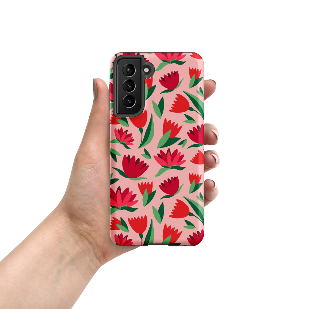 Red Flowers On Pink Tough case for Samsung® Matte Samsung Galaxy S21 Samsung Tough Phone Case Globally Fulfilled Plants