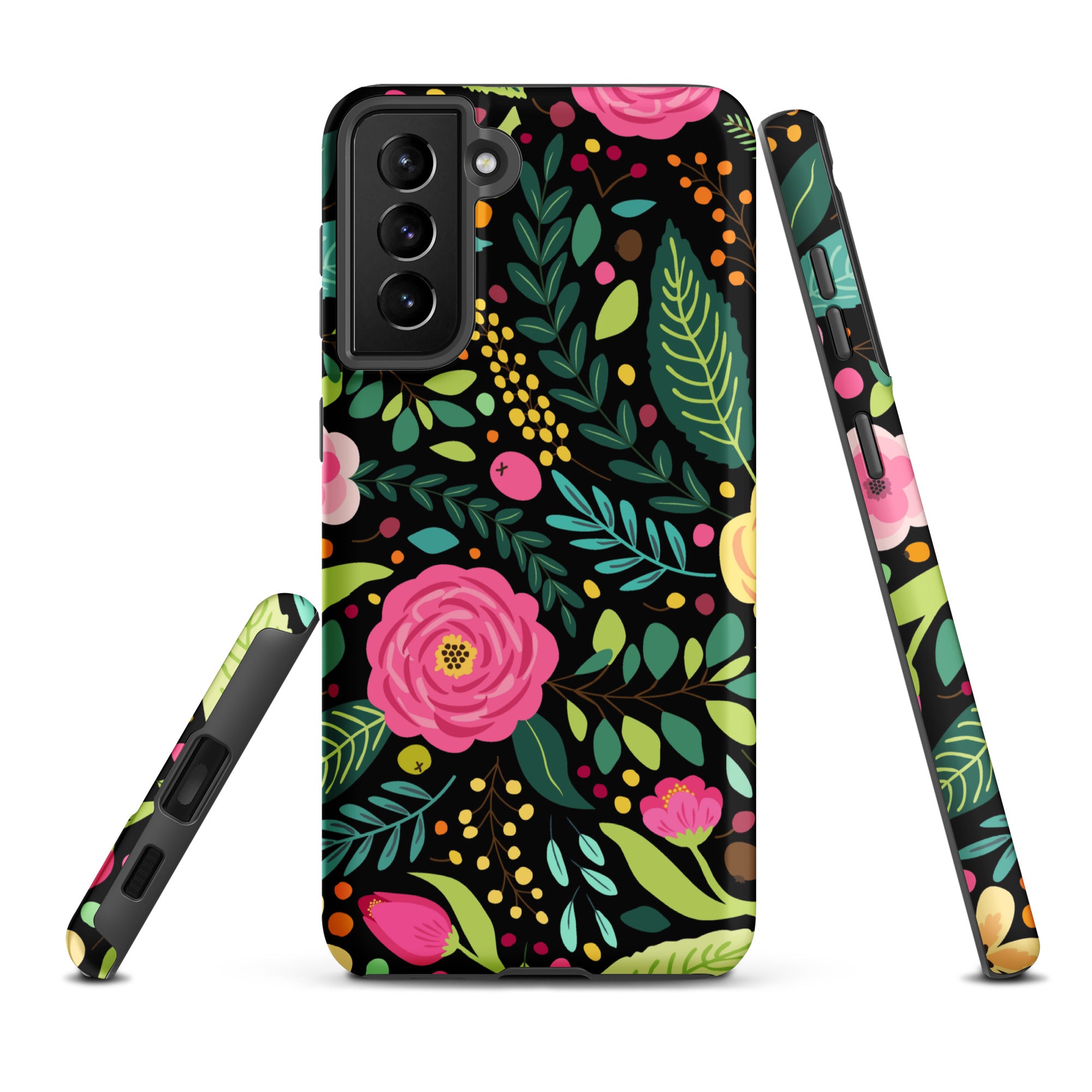 Bright Floral On Black Tough case for Samsung® Samsung Tough Phone Case Globally Fulfilled Plants