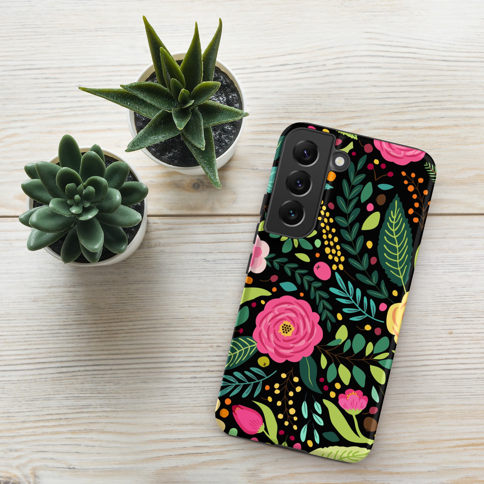 Bright Floral On Black Tough case for Samsung® Matte Samsung Galaxy S22 Samsung Tough Phone Case Globally Fulfilled Plants