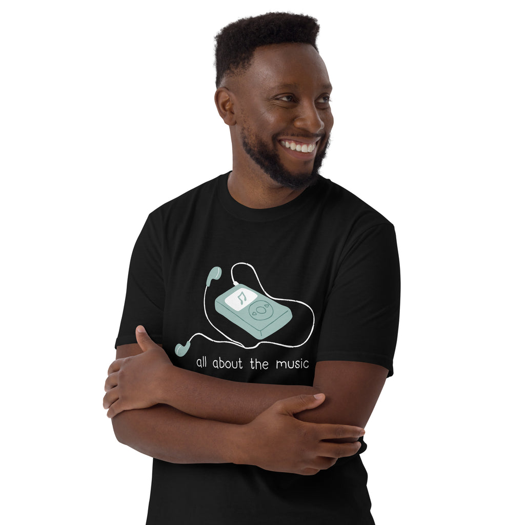 All About The Music, Earbuds, Music Player - Short-Sleeve Unisex T-Shirt Unisex T-shirt Globally Fulfilled Music Printed Worldwide Retro Tech