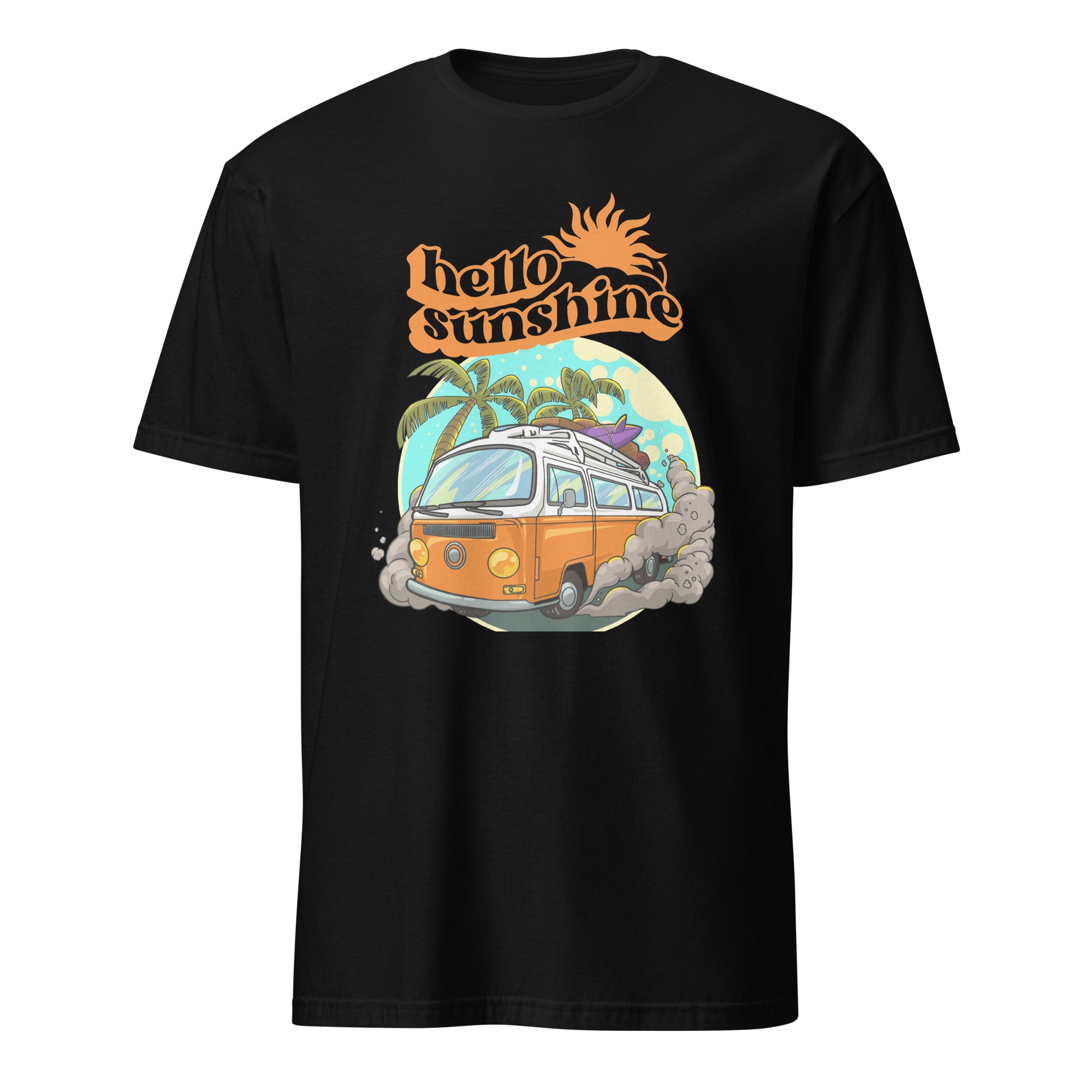 Hello Sunshine, Beach Van - Short-Sleeve Unisex T-Shirt Black Unisex T-shirt Globally Fulfilled Printed Worldwide Retro Summer Surf