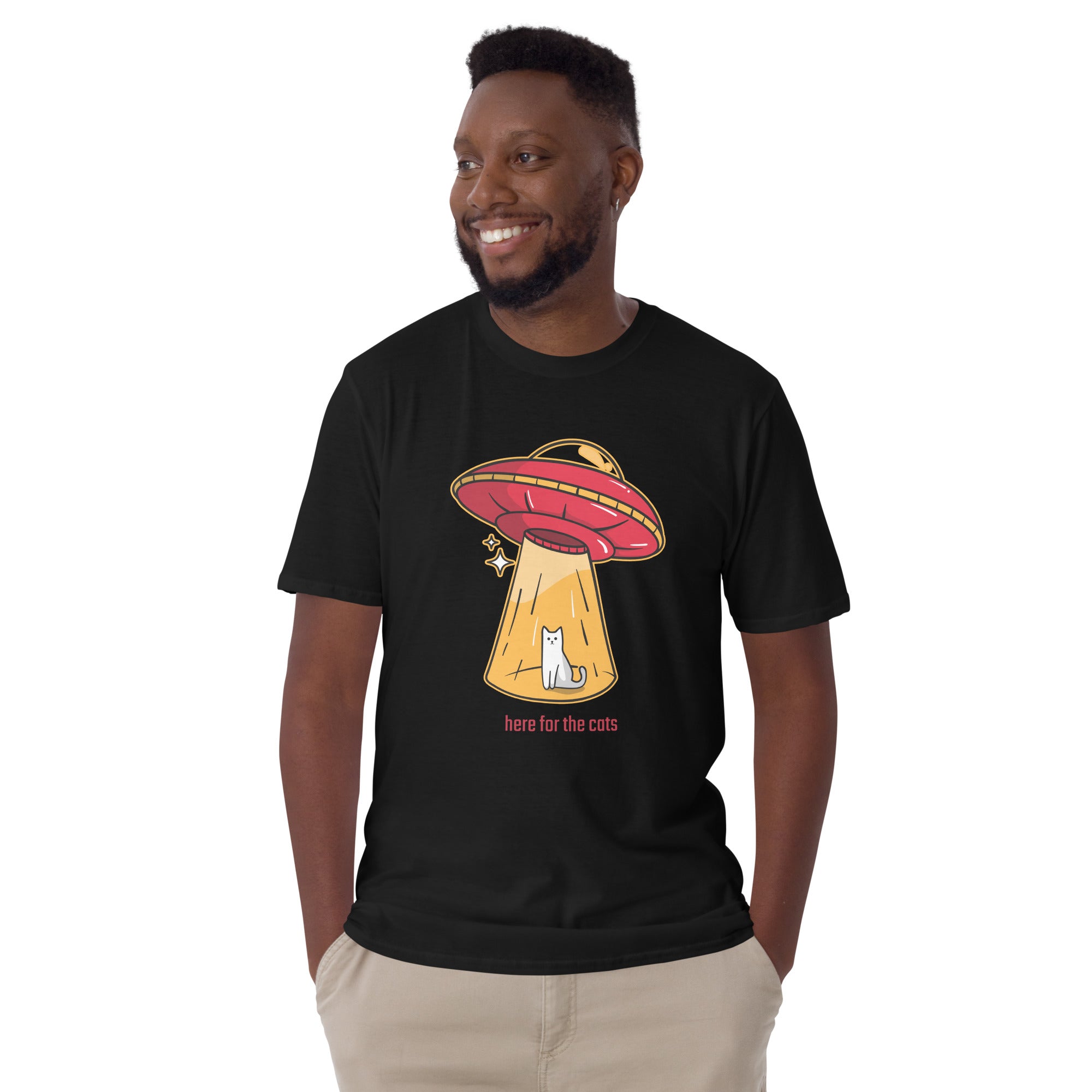 Here For The Cats, Alien Abduction, UFO - Short-Sleeve Unisex T-Shirt Unisex T-shirt Animal Globally Fulfilled Printed Worldwide Sci Fi