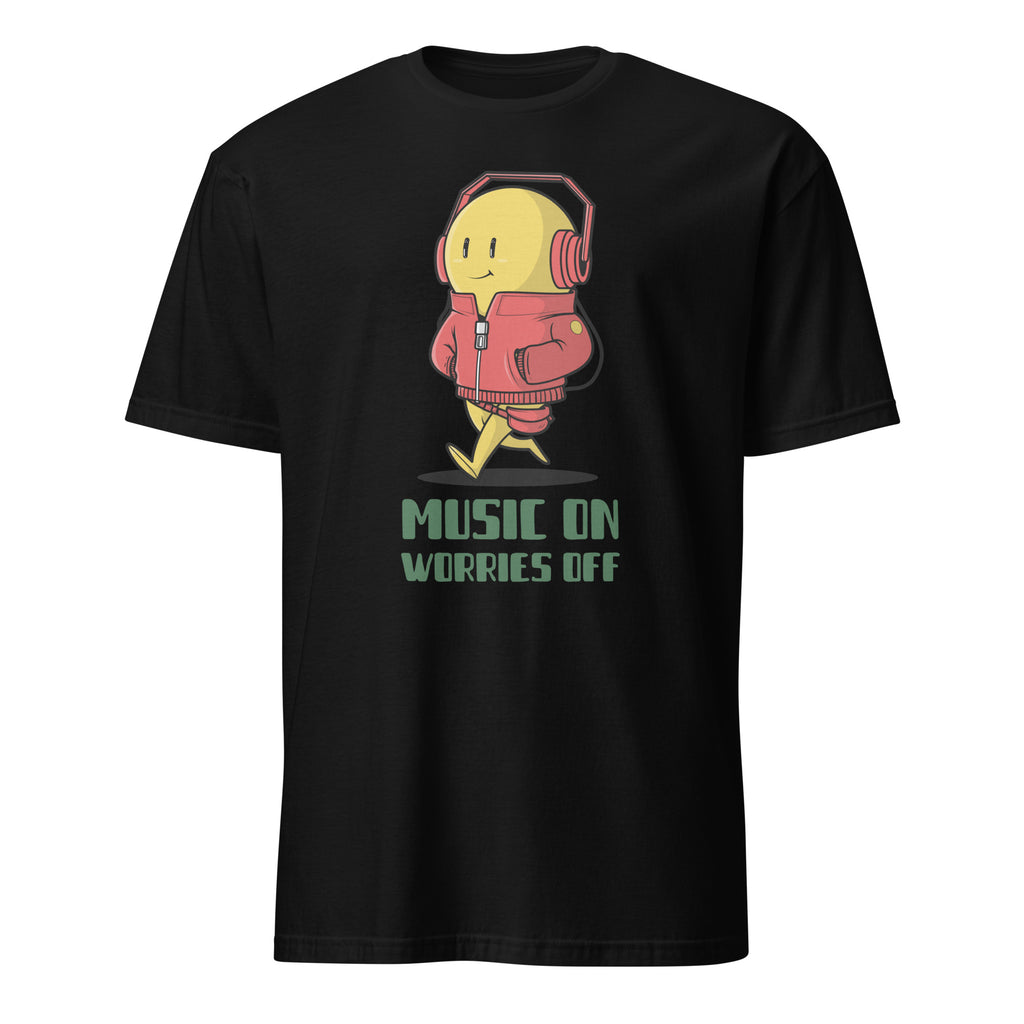 Music On, Worries Off, Headphones - Short-Sleeve Unisex T-Shirt Black Unisex T-shirt Globally Fulfilled Music Printed Worldwide