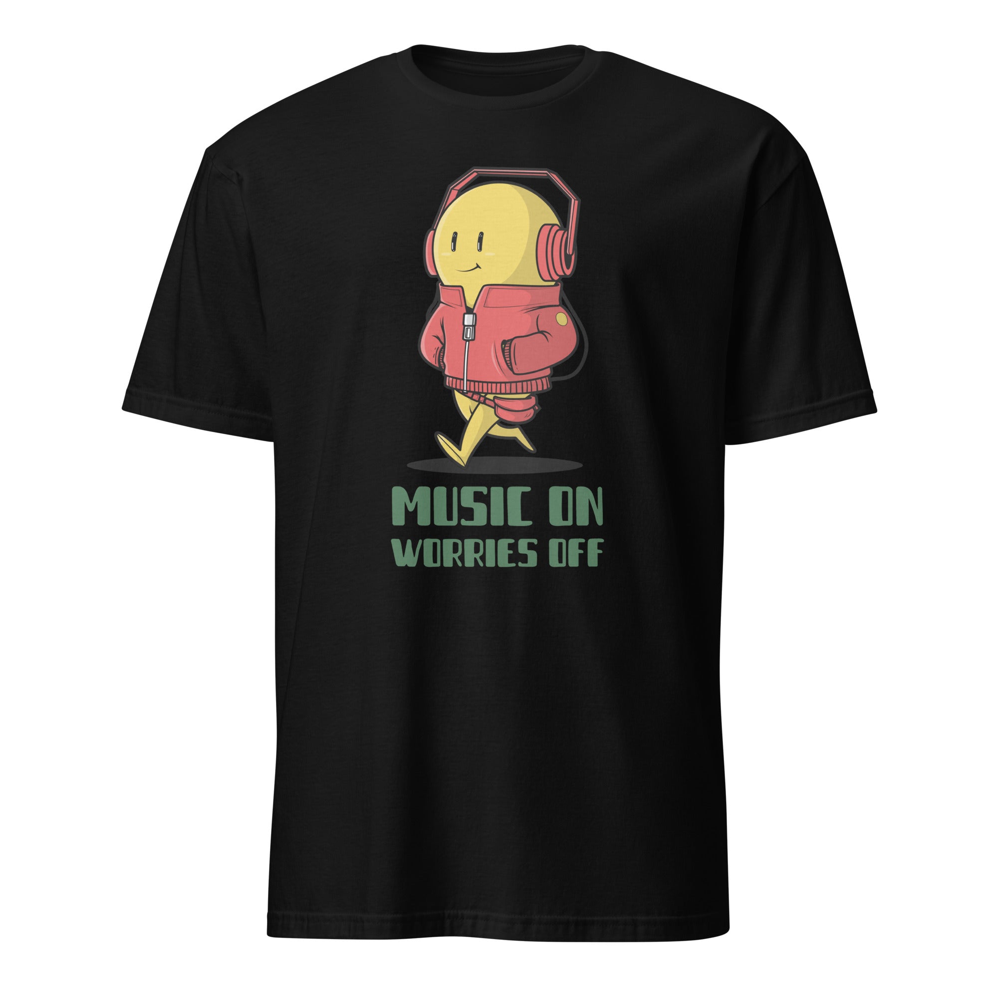 Music On, Worries Off, Headphones - Short-Sleeve Unisex T-Shirt Black Unisex T-shirt Globally Fulfilled Music Printed Worldwide