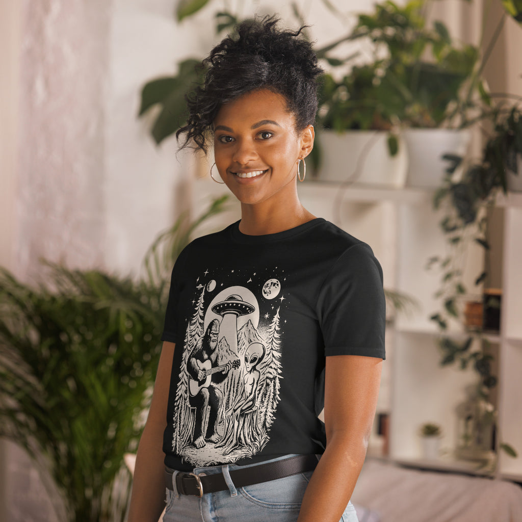 Bigfoot And Alien Playing Guitar - Short-Sleeve Unisex T-Shirt Unisex T-shirt Music Printed Offshore