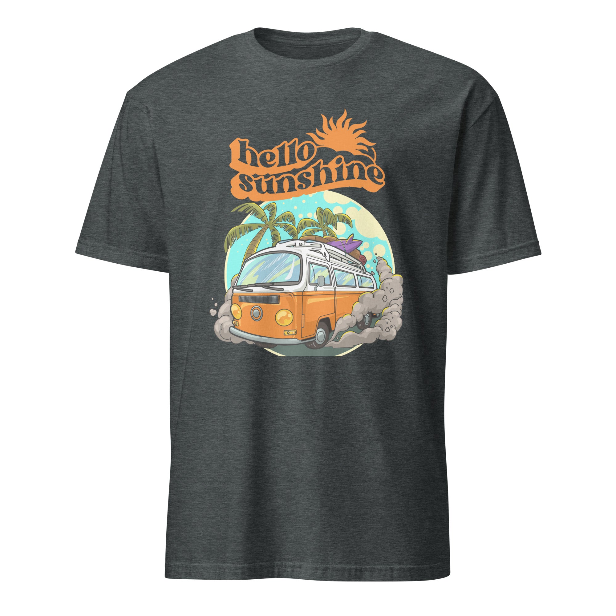Hello Sunshine, Beach Van - Short-Sleeve Unisex T-Shirt Dark Heather Unisex T-shirt Globally Fulfilled Printed Worldwide Retro Summer Surf