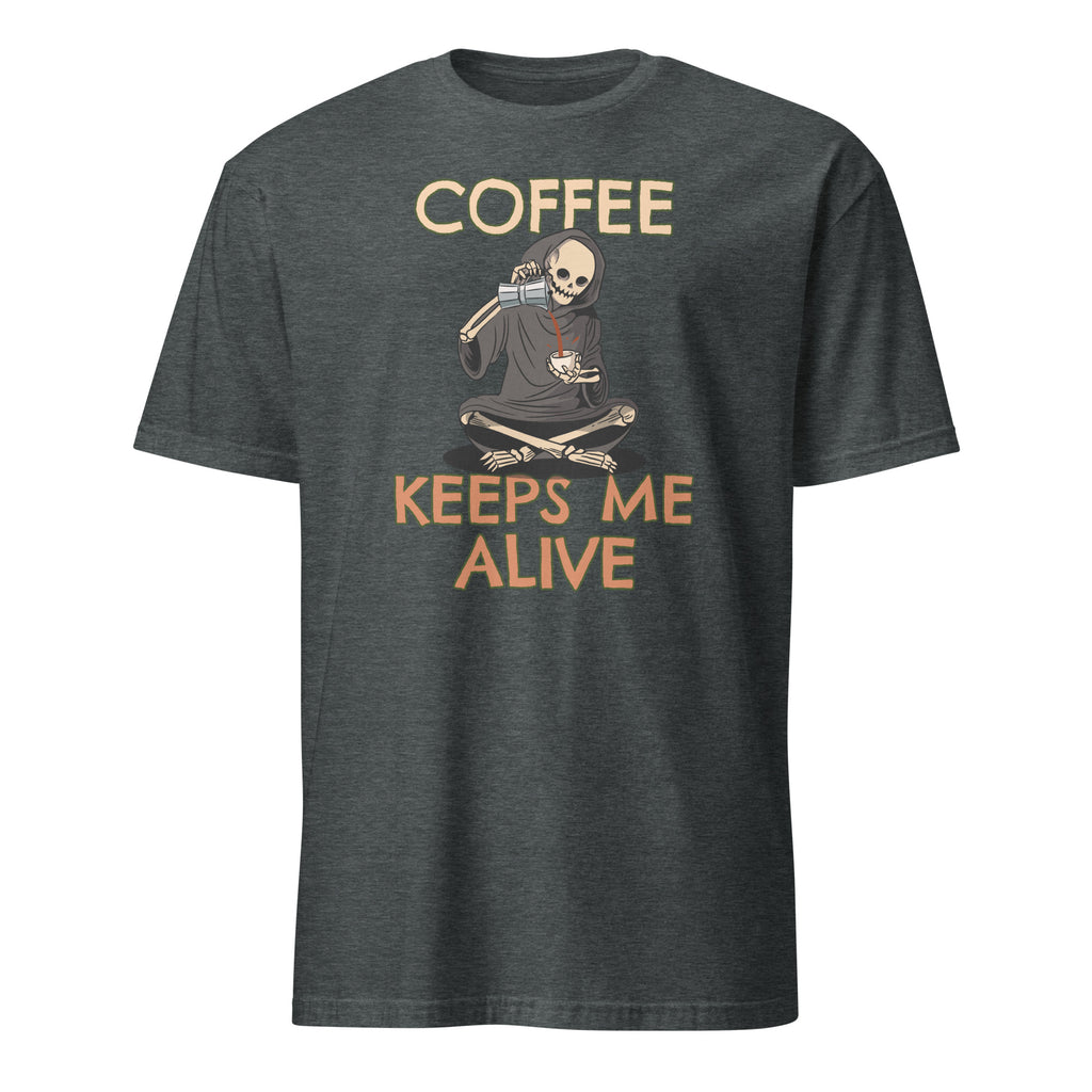 Coffee Keeps Me Alive, Skeleton - Short-Sleeve Unisex T-Shirt Dark Heather Unisex T-shirt Coffee Globally Fulfilled Printed Worldwide