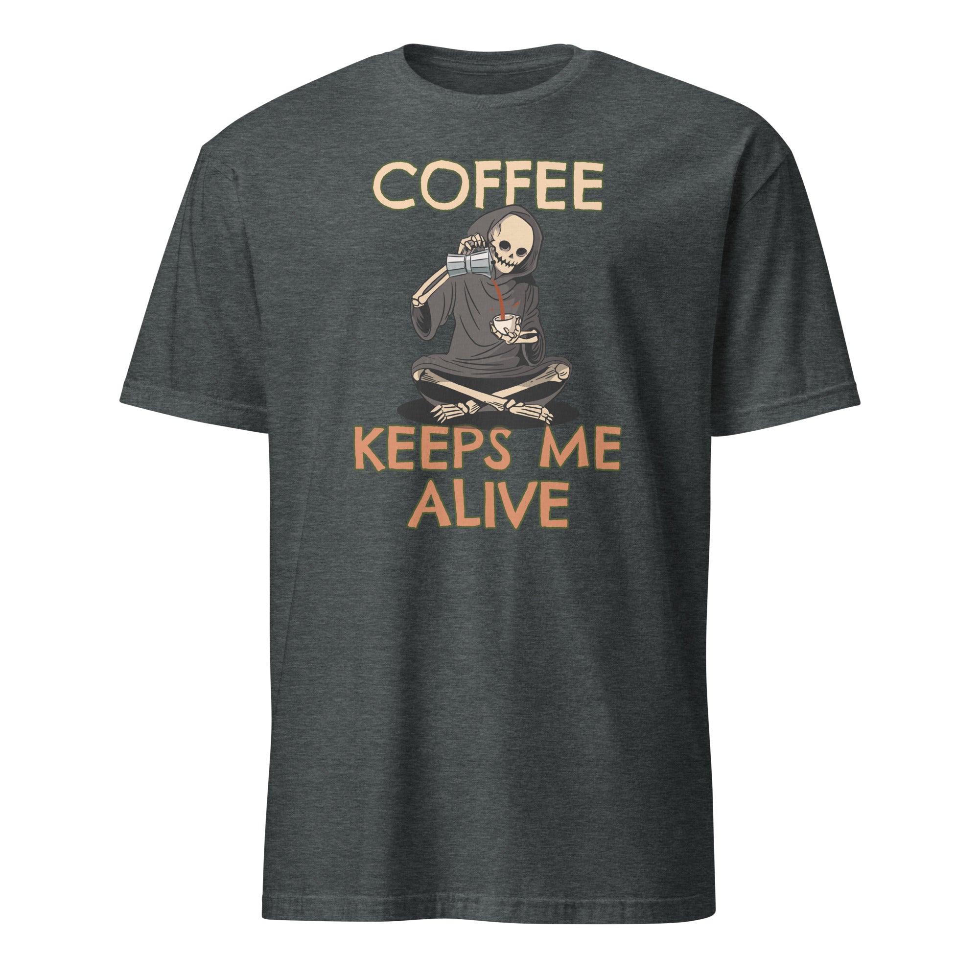 Coffee Keeps Me Alive, Skeleton - Short-Sleeve Unisex T-Shirt Dark Heather Unisex T-shirt Coffee Globally Fulfilled Printed Worldwide
