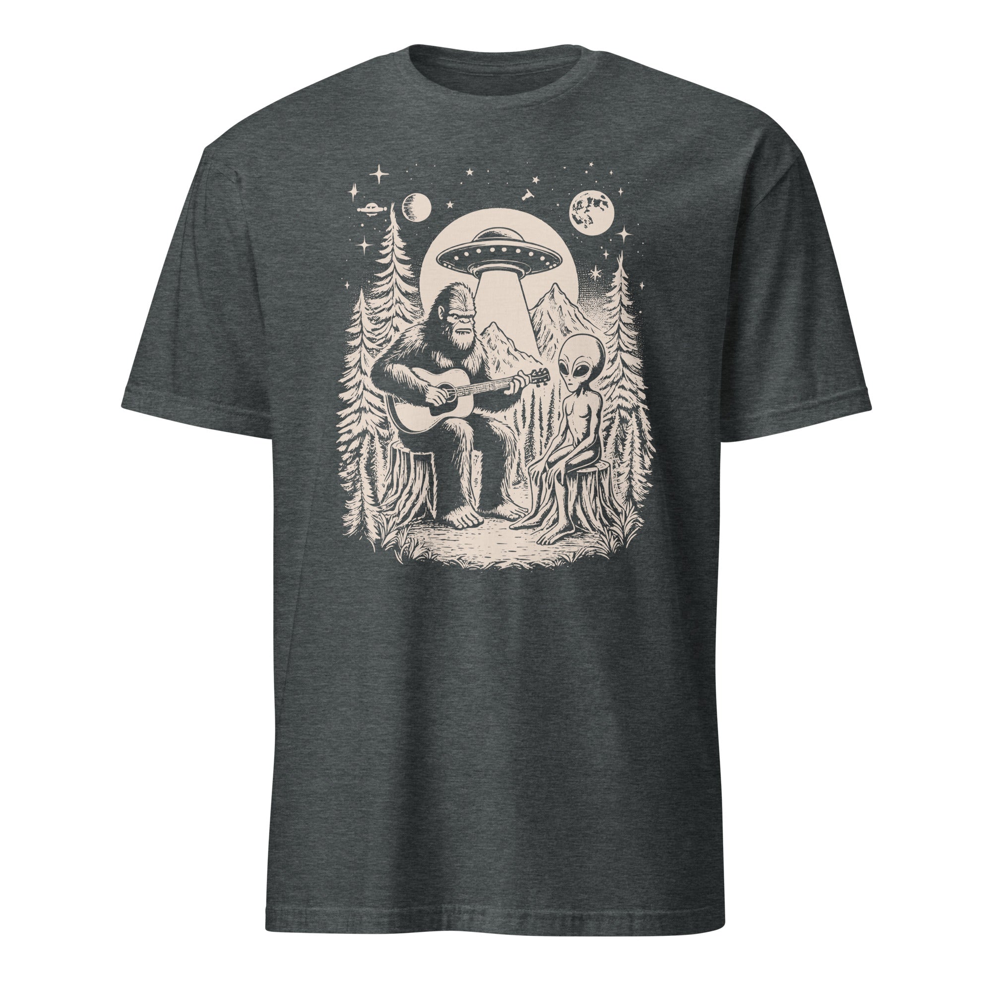 Bigfoot And Alien Playing Guitar - Short-Sleeve Unisex T-Shirt Dark Heather Unisex T-shirt Music Printed Offshore