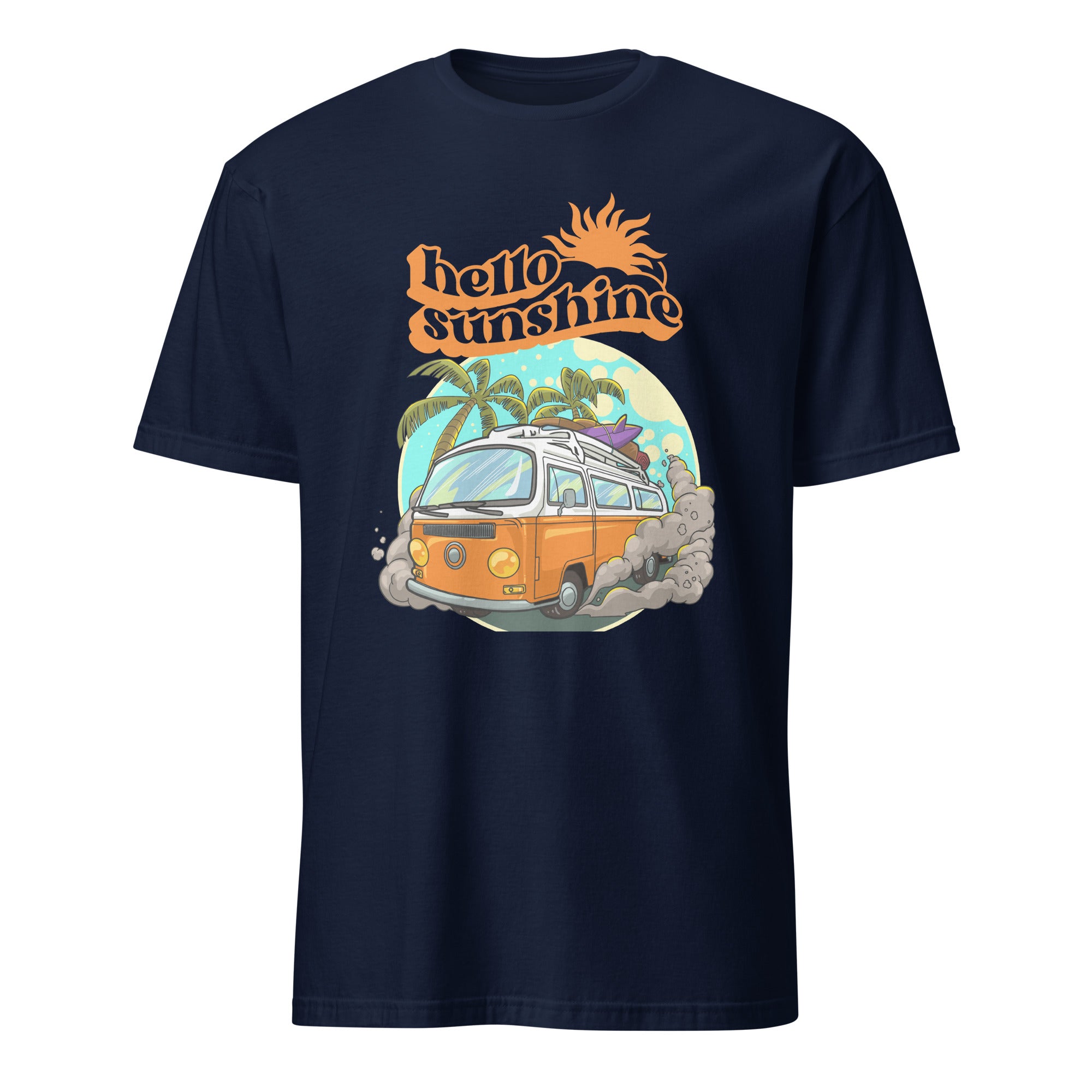 Hello Sunshine, Beach Van - Short-Sleeve Unisex T-Shirt Navy Unisex T-shirt Globally Fulfilled Printed Worldwide Retro Summer Surf