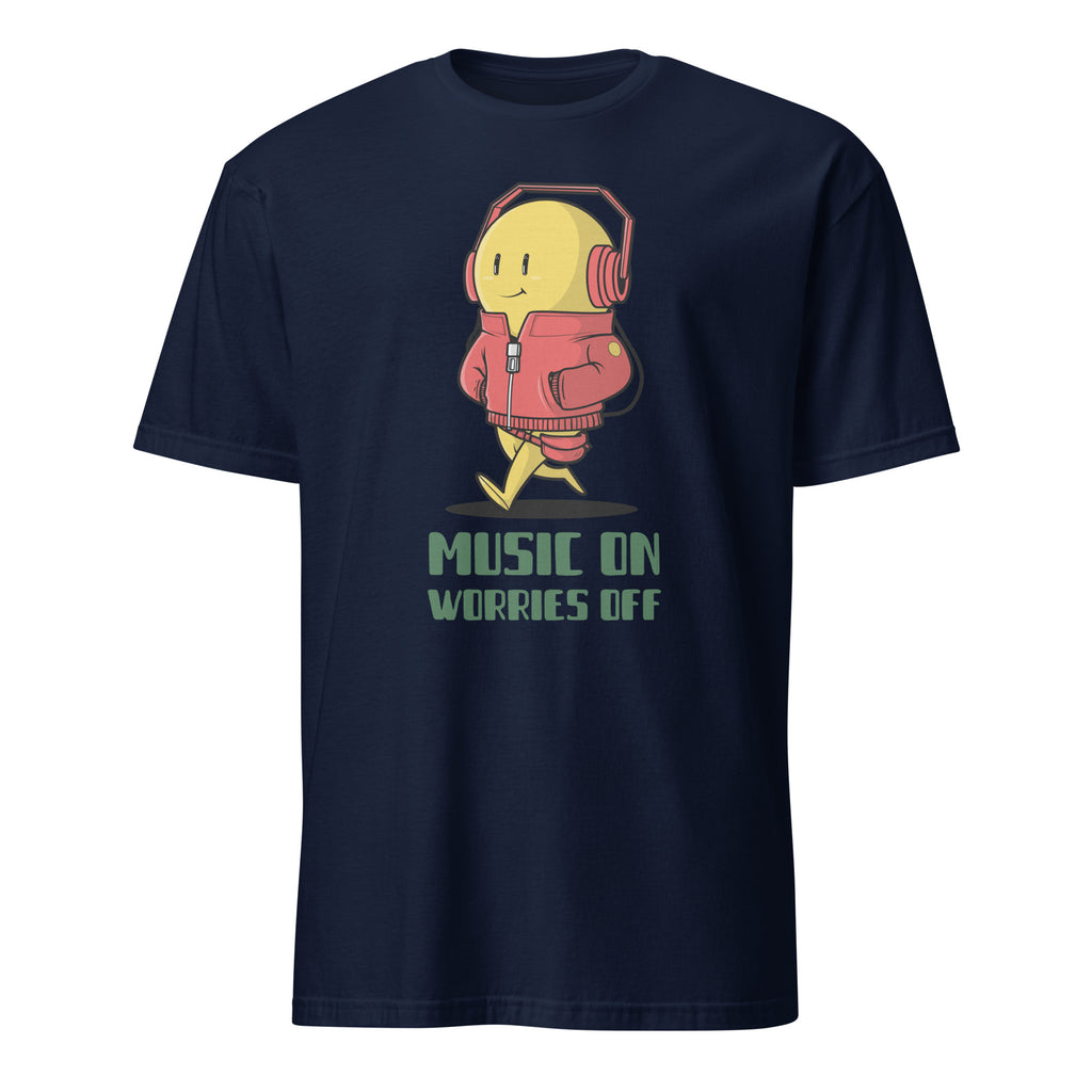 Music On, Worries Off, Headphones - Short-Sleeve Unisex T-Shirt Navy Unisex T-shirt Globally Fulfilled Music Printed Worldwide
