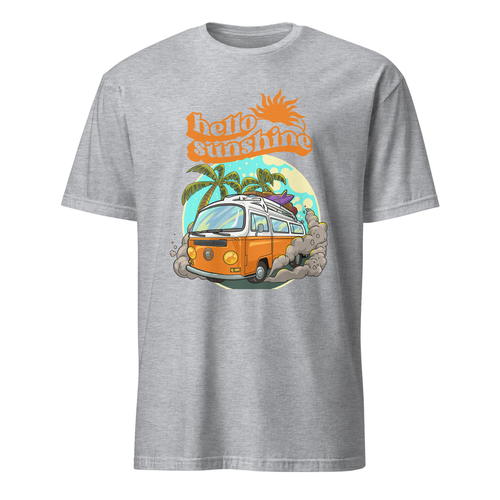 Hello Sunshine, Beach Van - Short-Sleeve Unisex T-Shirt Sport Grey Unisex T-shirt Globally Fulfilled Printed Worldwide Retro Summer Surf