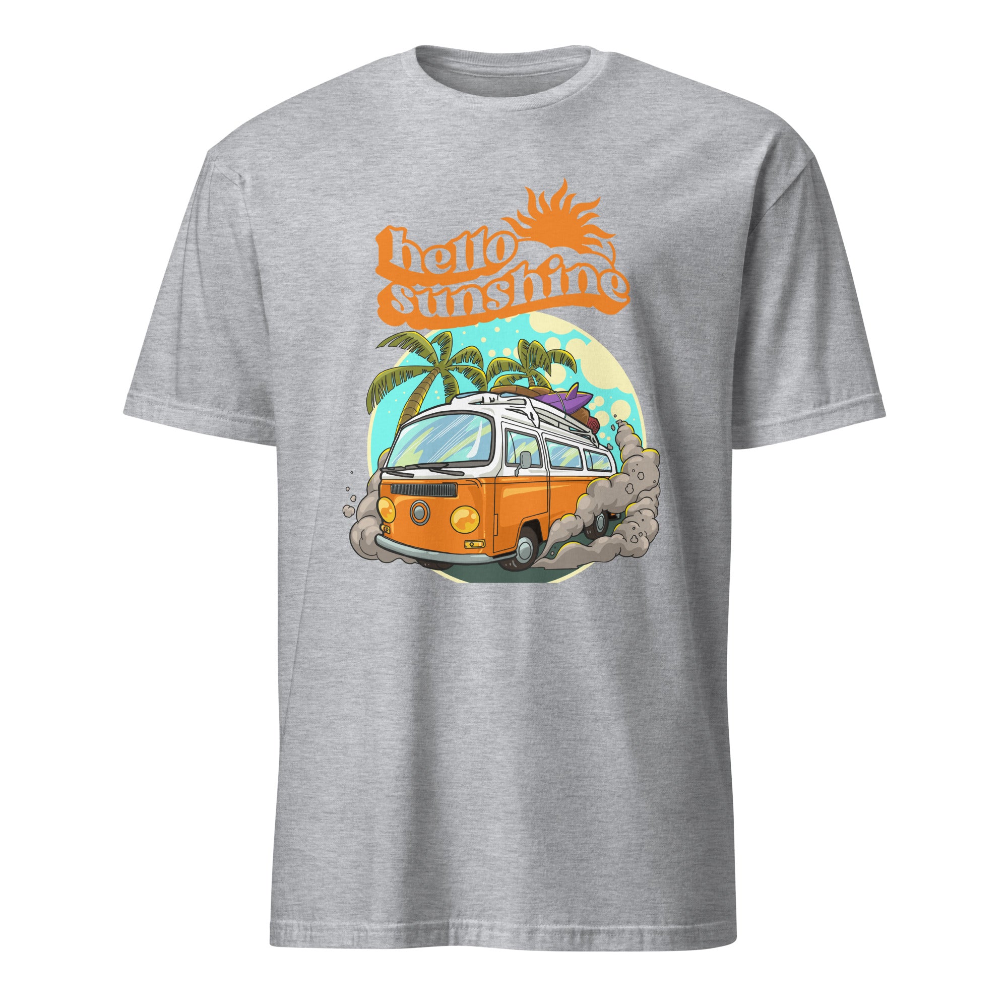 Hello Sunshine, Beach Van - Short-Sleeve Unisex T-Shirt Sport Grey Unisex T-shirt Globally Fulfilled Printed Worldwide Retro Summer Surf