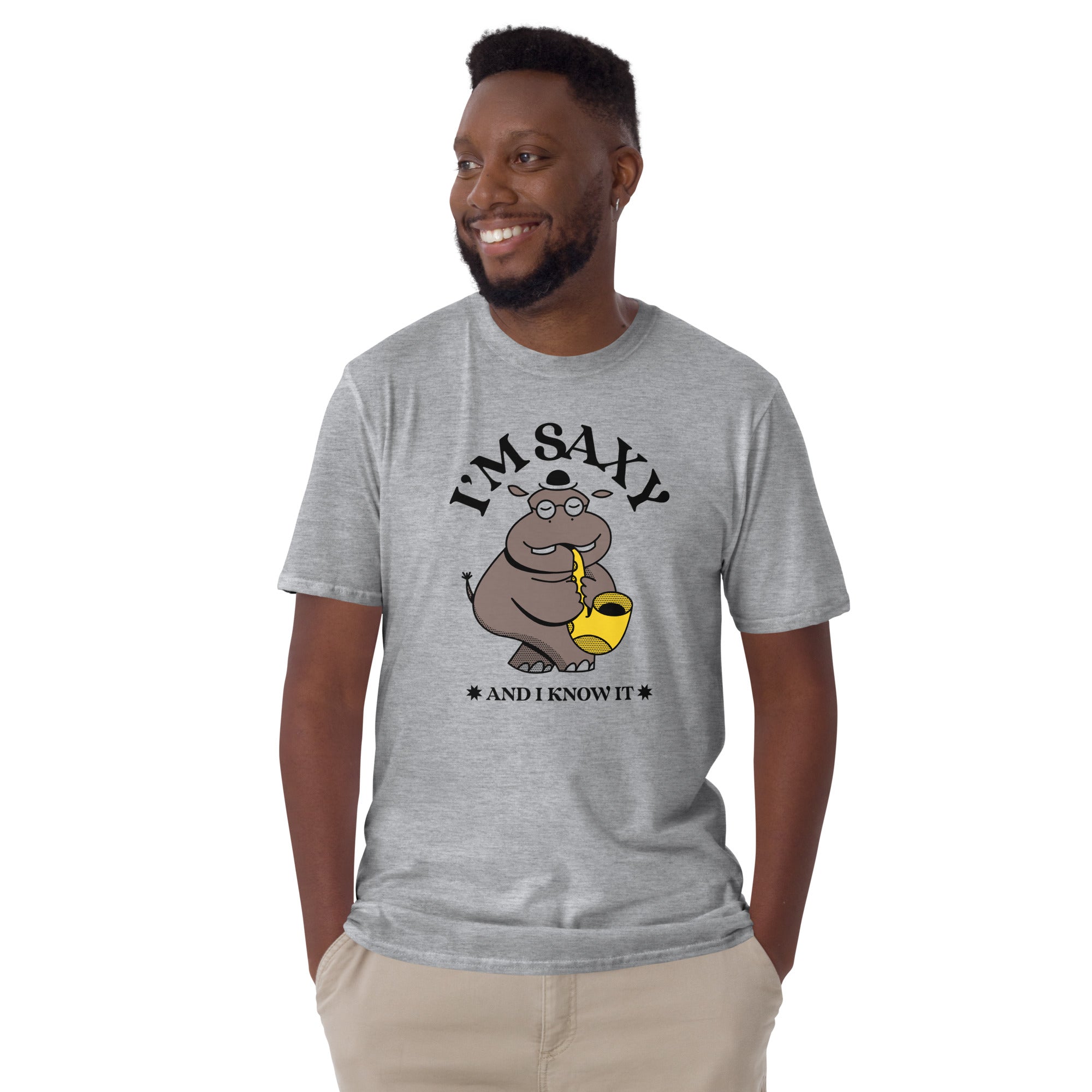 I'm Saxy And I Know It, Saxophone Hippo - Short-Sleeve Unisex T-Shirt Unisex T-shirt Animal Globally Fulfilled Music Printed Worldwide