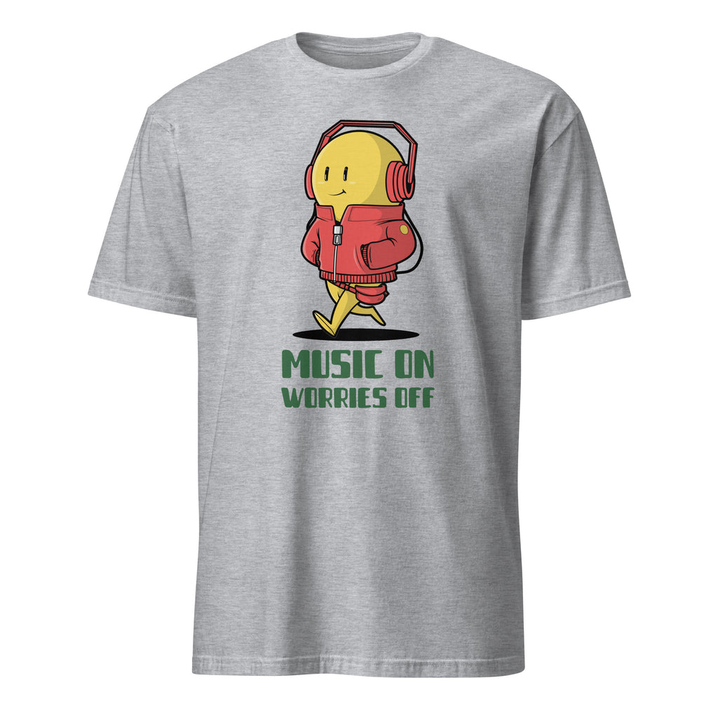 Music On, Worries Off, Headphones - Short-Sleeve Unisex T-Shirt Sport Grey Unisex T-shirt Globally Fulfilled Music Printed Worldwide