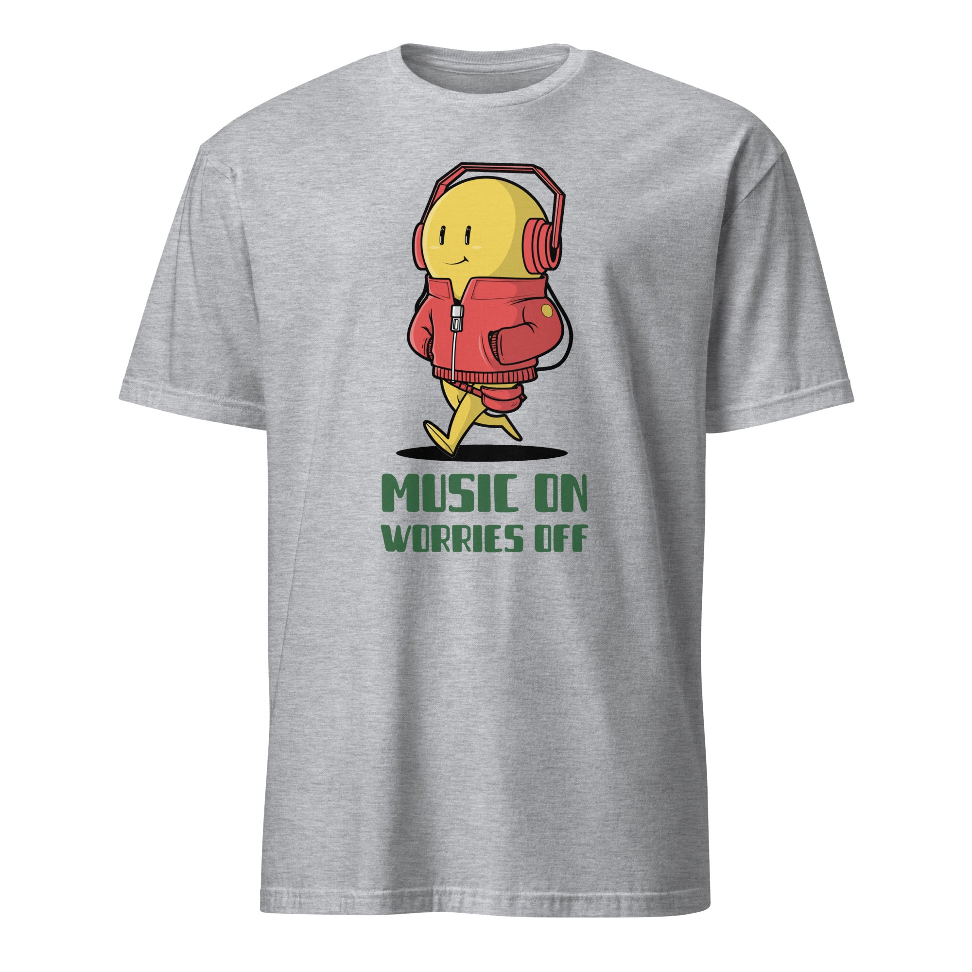 Music On, Worries Off, Headphones - Short-Sleeve Unisex T-Shirt Sport Grey Unisex T-shirt Globally Fulfilled Music Printed Worldwide