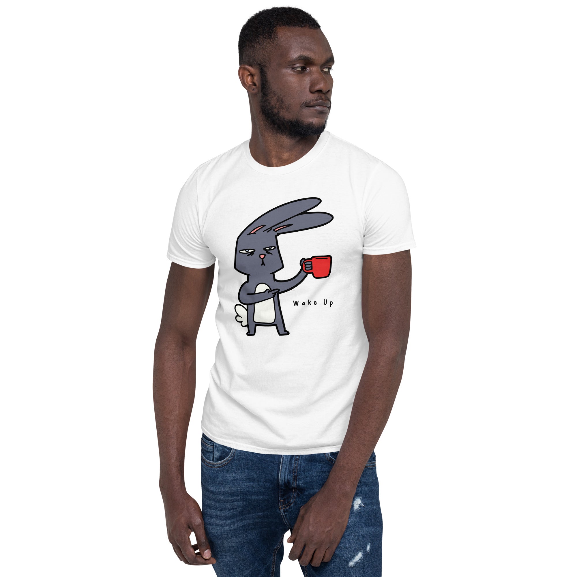 Wake Up, Coffee, Rabbit - Short-Sleeve Unisex T-Shirt Unisex T-shirt Coffee Globally Fulfilled Printed Worldwide