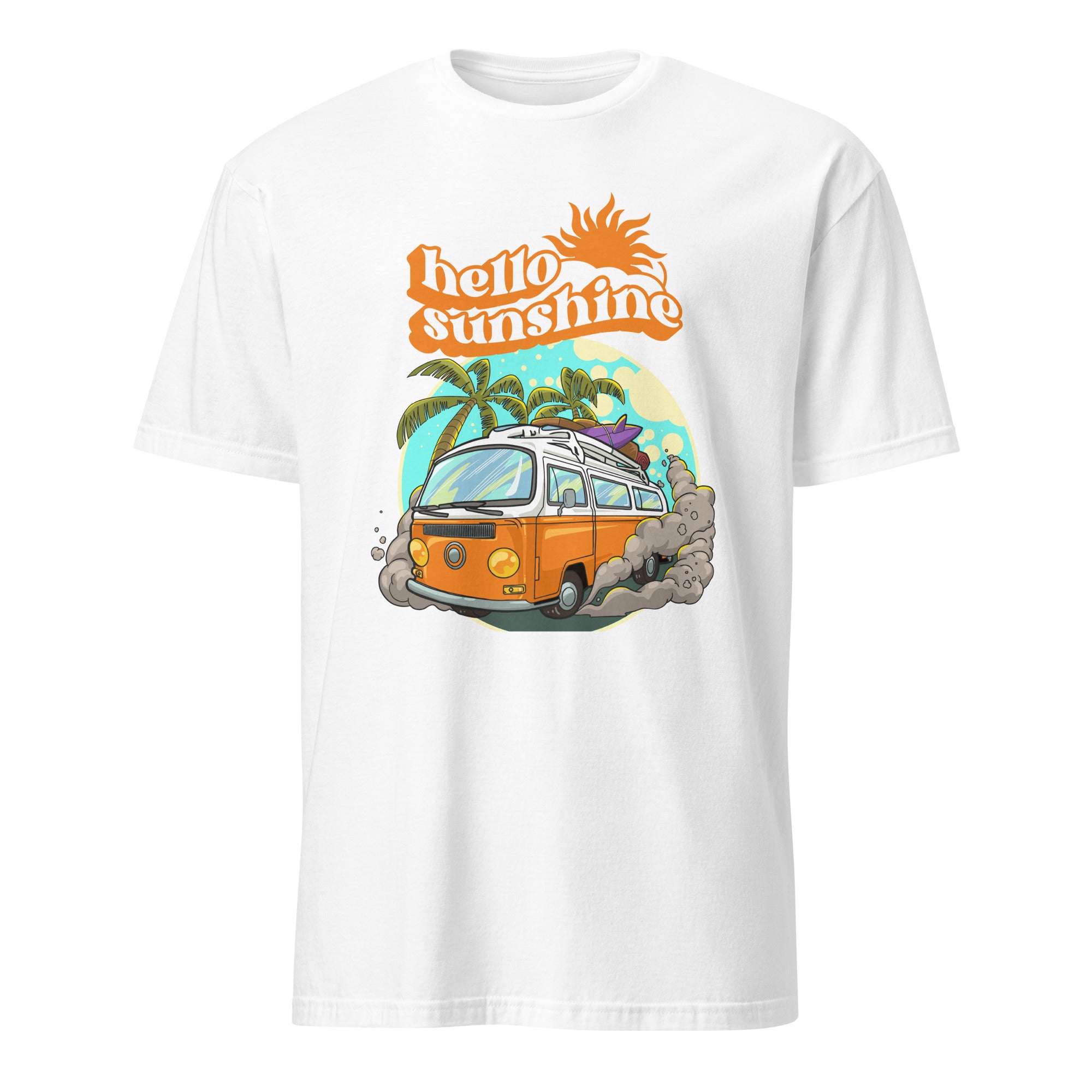 Hello Sunshine, Beach Van - Short-Sleeve Unisex T-Shirt White Unisex T-shirt Globally Fulfilled Printed Worldwide Retro Summer Surf