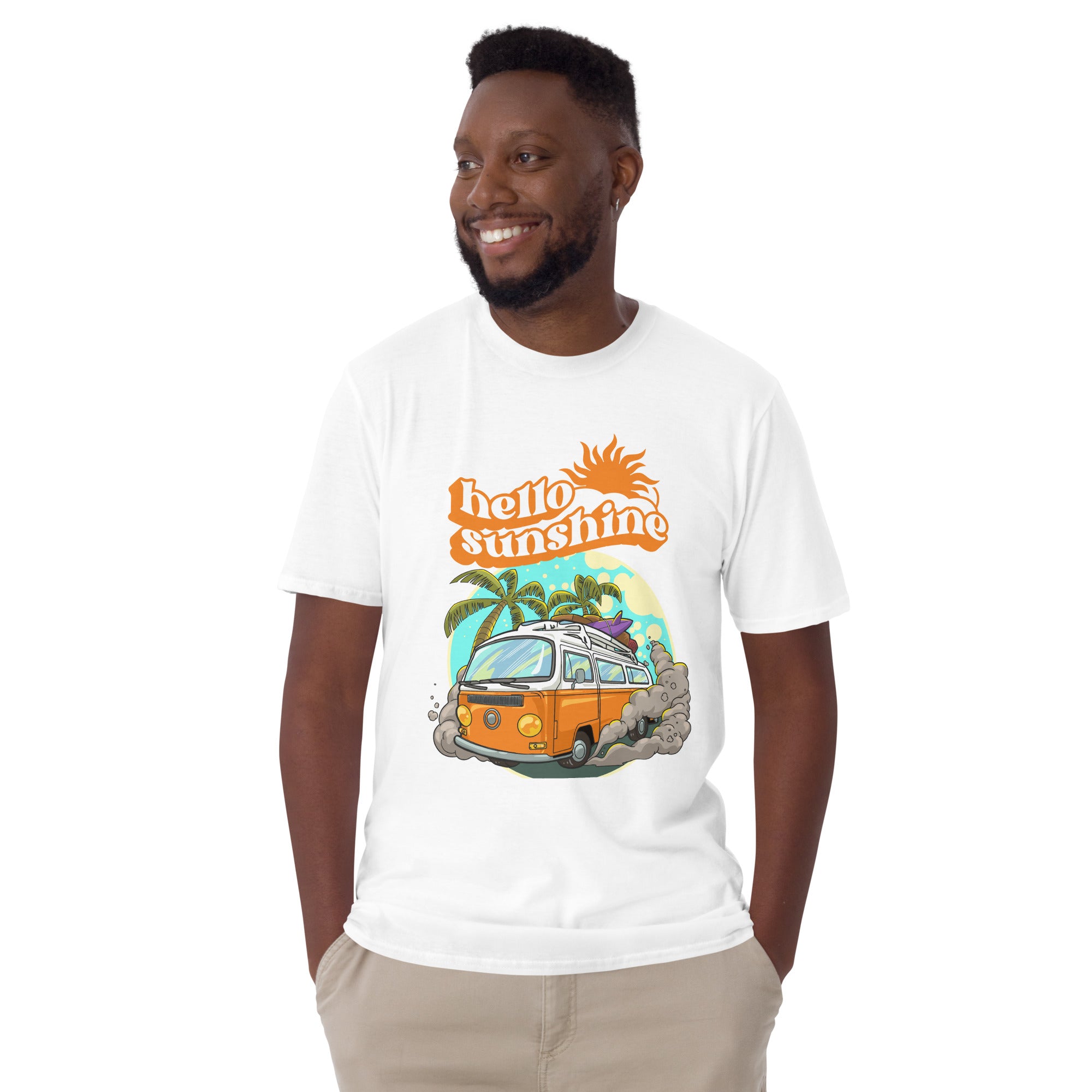Hello Sunshine, Beach Van - Short-Sleeve Unisex T-Shirt Unisex T-shirt Globally Fulfilled Printed Worldwide Retro Summer Surf