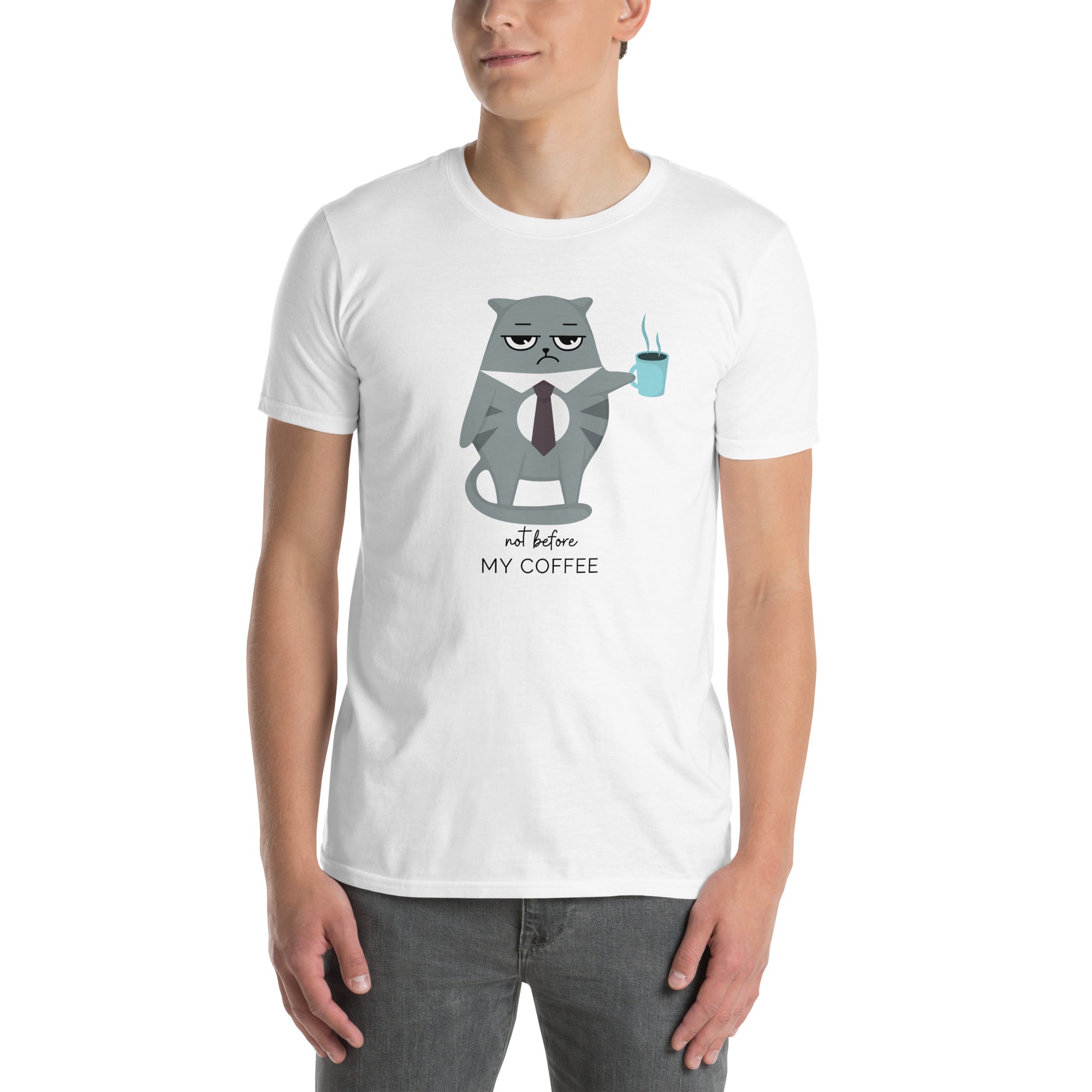 Not Before My Coffee, Cranky Cat - Short-Sleeve Unisex T-Shirt Unisex T-shirt Animal Coffee Globally Fulfilled Printed Worldwide