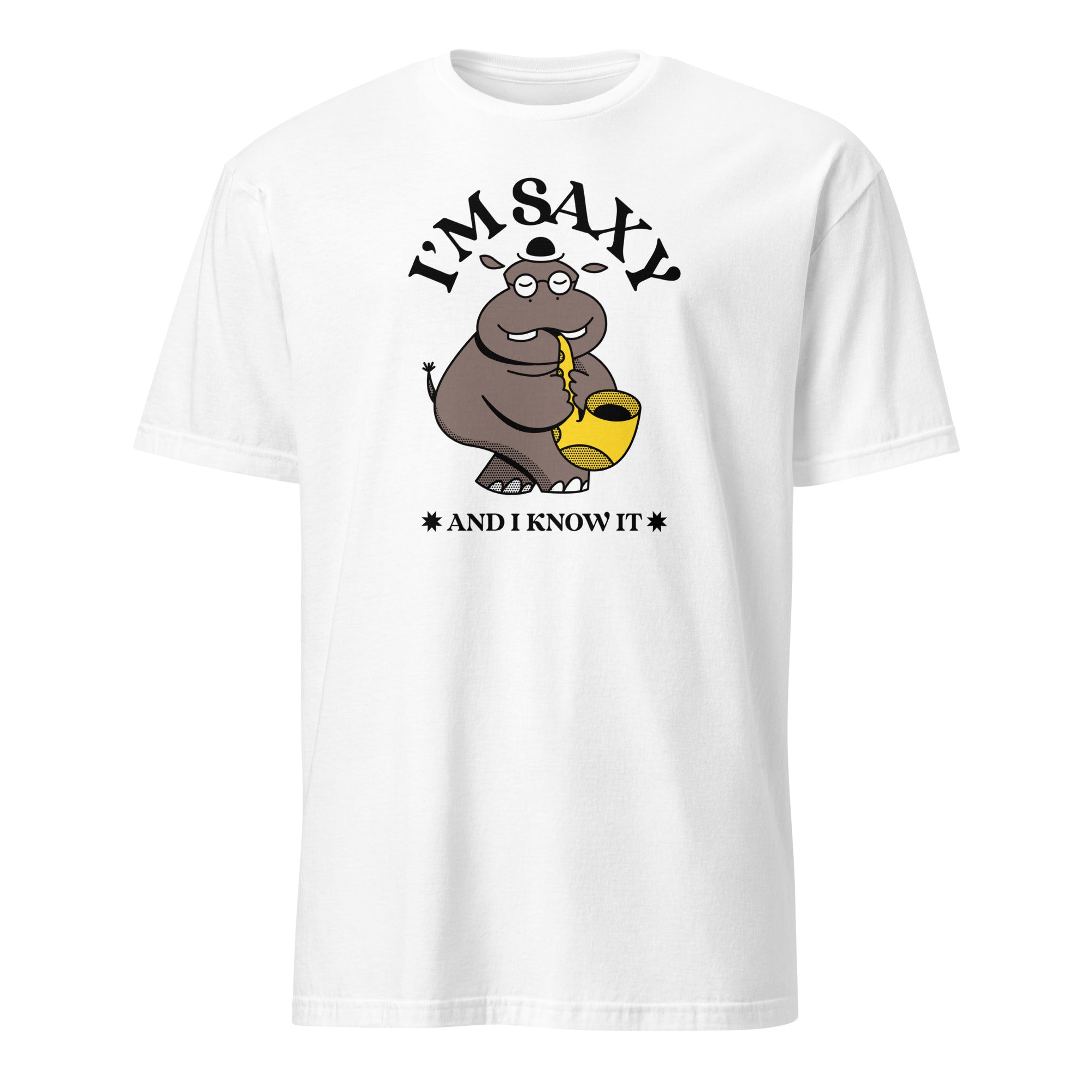 I'm Saxy And I Know It, Saxophone Hippo - Short-Sleeve Unisex T-Shirt White Unisex T-shirt Animal Globally Fulfilled Music Printed Worldwide
