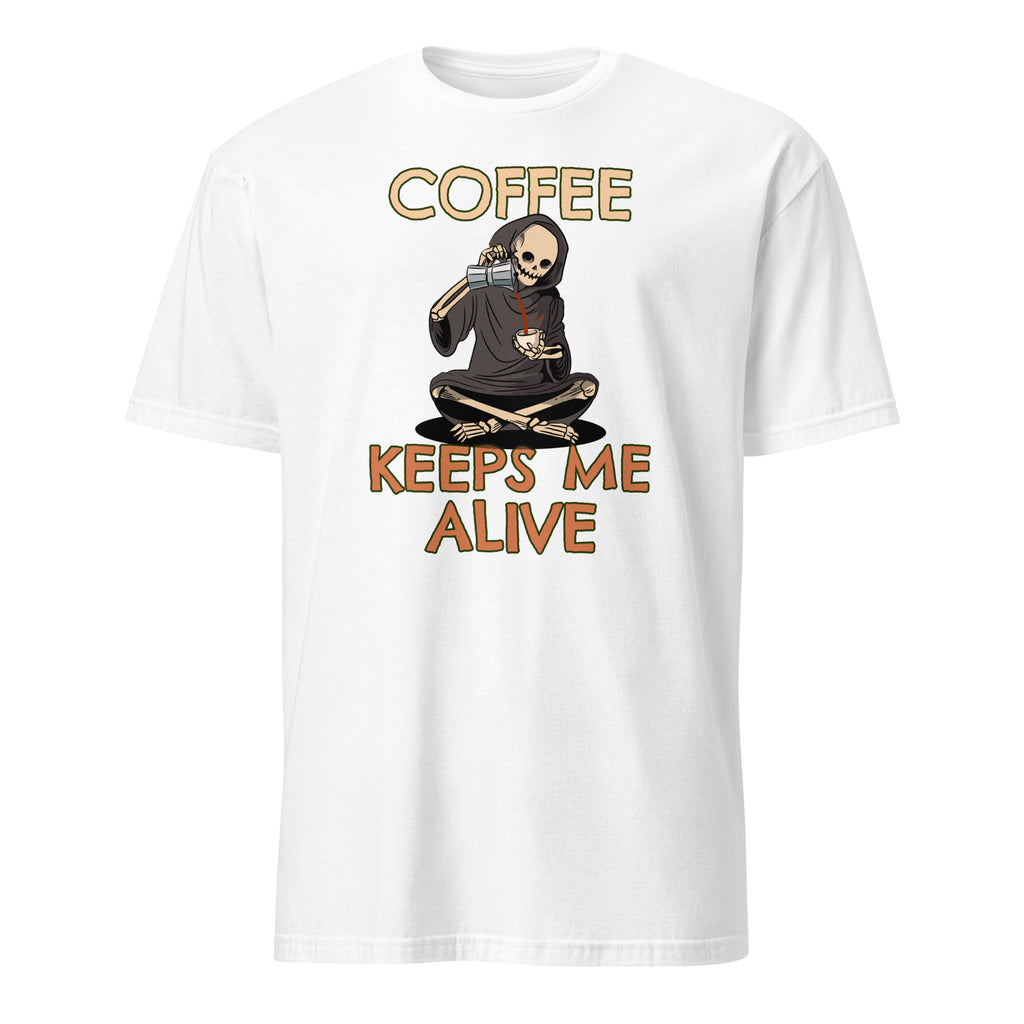 Coffee Keeps Me Alive, Skeleton - Short-Sleeve Unisex T-Shirt White Unisex T-shirt Coffee Globally Fulfilled Printed Worldwide