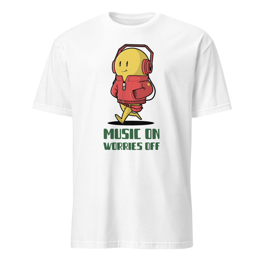 Music On, Worries Off, Headphones - Short-Sleeve Unisex T-Shirt White Unisex T-shirt Globally Fulfilled Music Printed Worldwide