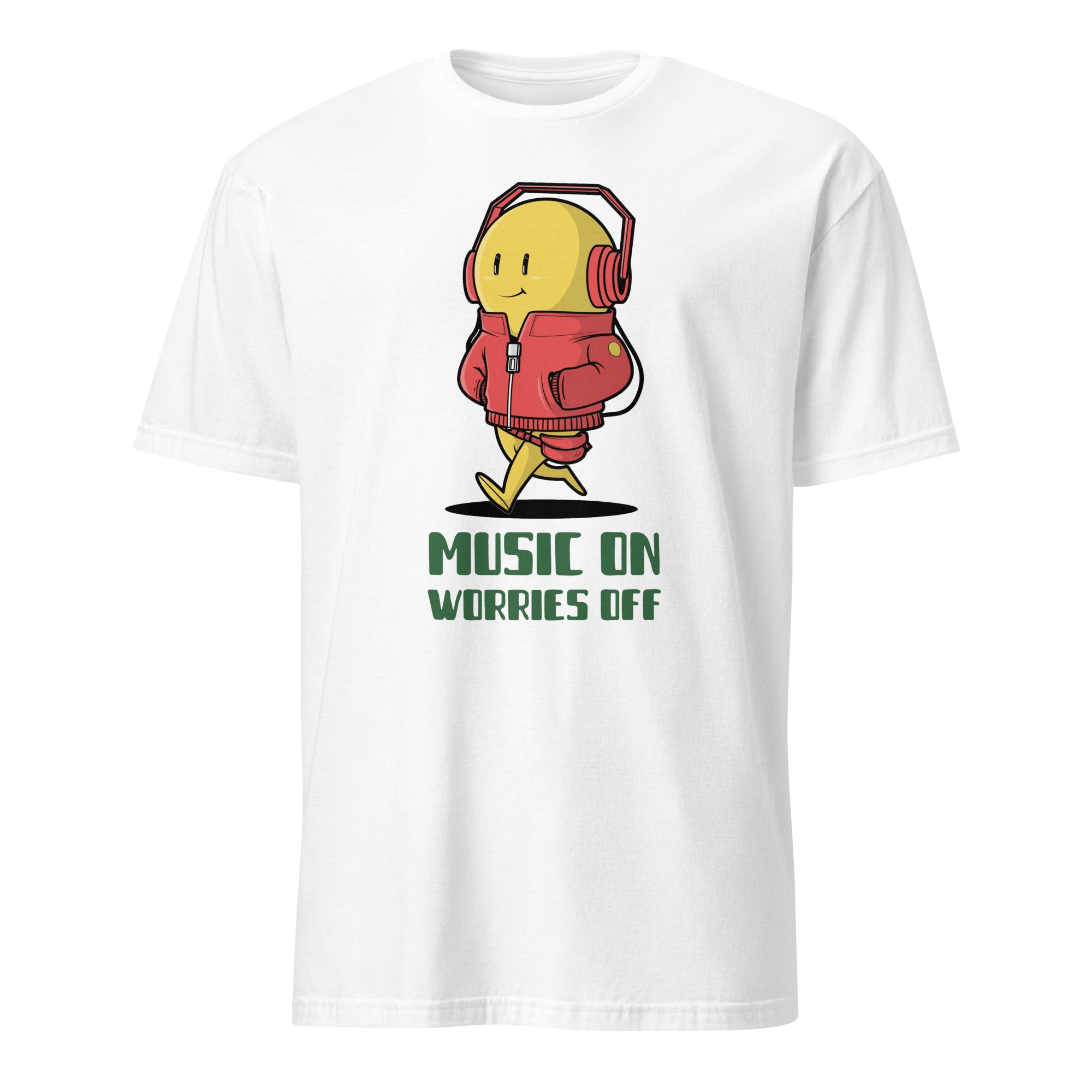 Music On, Worries Off, Headphones - Short-Sleeve Unisex T-Shirt White Unisex T-shirt Globally Fulfilled Music Printed Worldwide