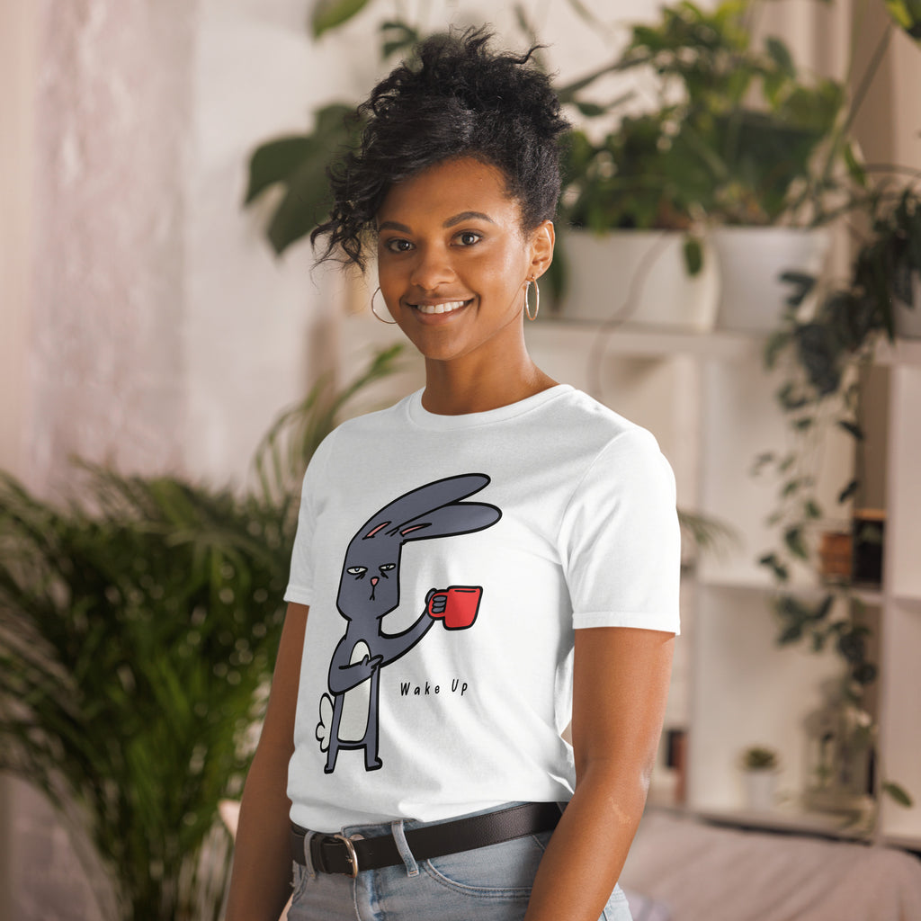 Wake Up, Coffee, Rabbit - Short-Sleeve Unisex T-Shirt Unisex T-shirt Coffee Globally Fulfilled Printed Worldwide