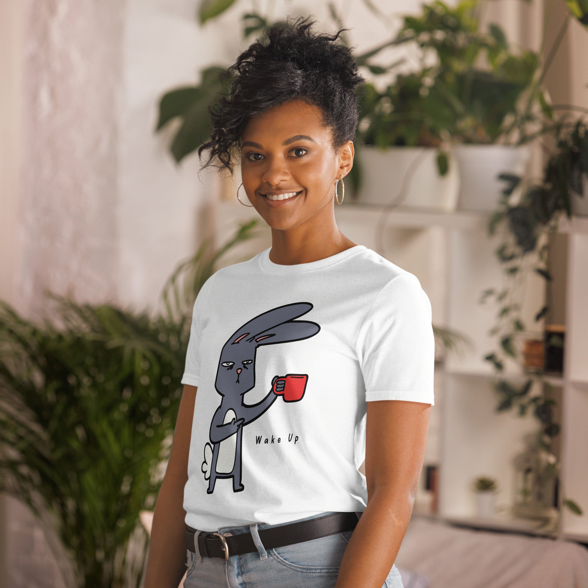 Wake Up, Coffee, Rabbit - Short-Sleeve Unisex T-Shirt Unisex T-shirt Coffee Globally Fulfilled Printed Worldwide