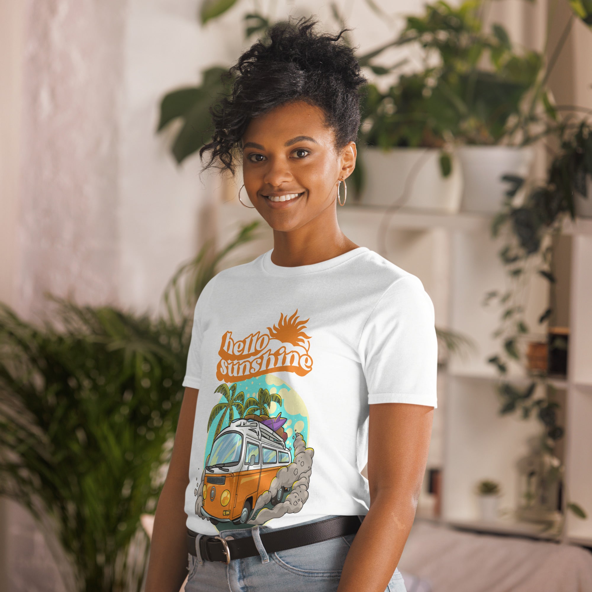Hello Sunshine, Beach Van - Short-Sleeve Unisex T-Shirt Unisex T-shirt Globally Fulfilled Printed Worldwide Retro Summer Surf