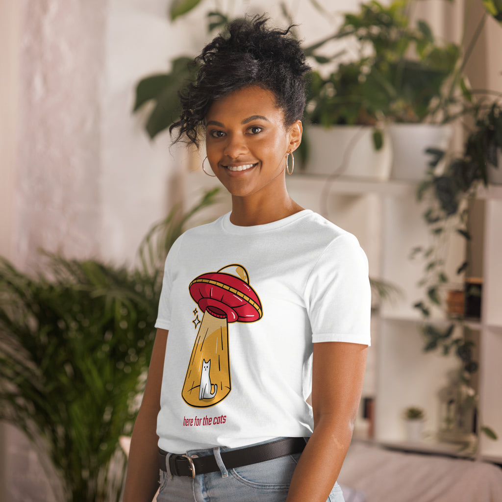 Here For The Cats, Alien Abduction, UFO - Short-Sleeve Unisex T-Shirt Unisex T-shirt Animal Globally Fulfilled Printed Worldwide Sci Fi